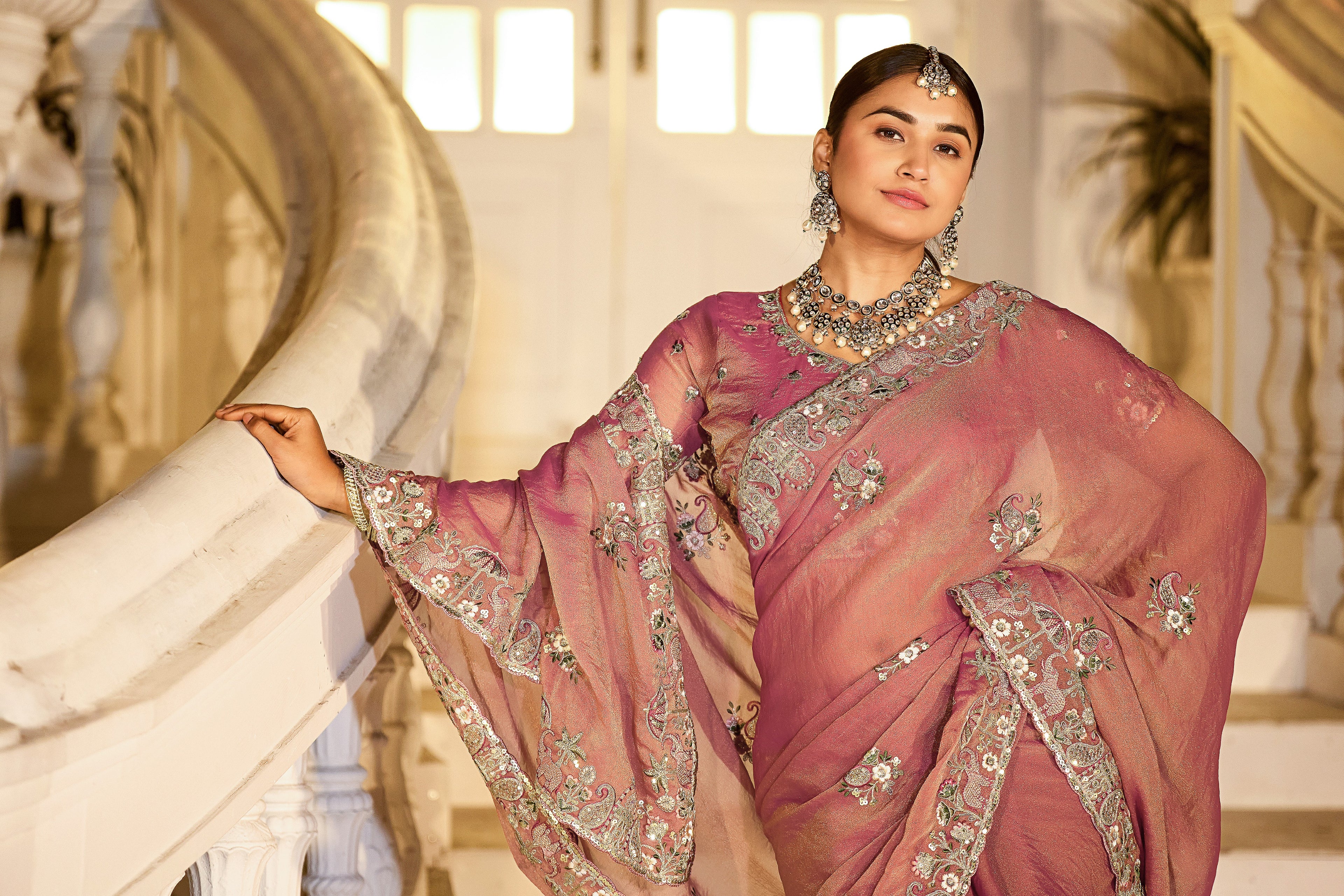 Nazakat Moss Shimmer Embroidered Saree with Designer Blouse