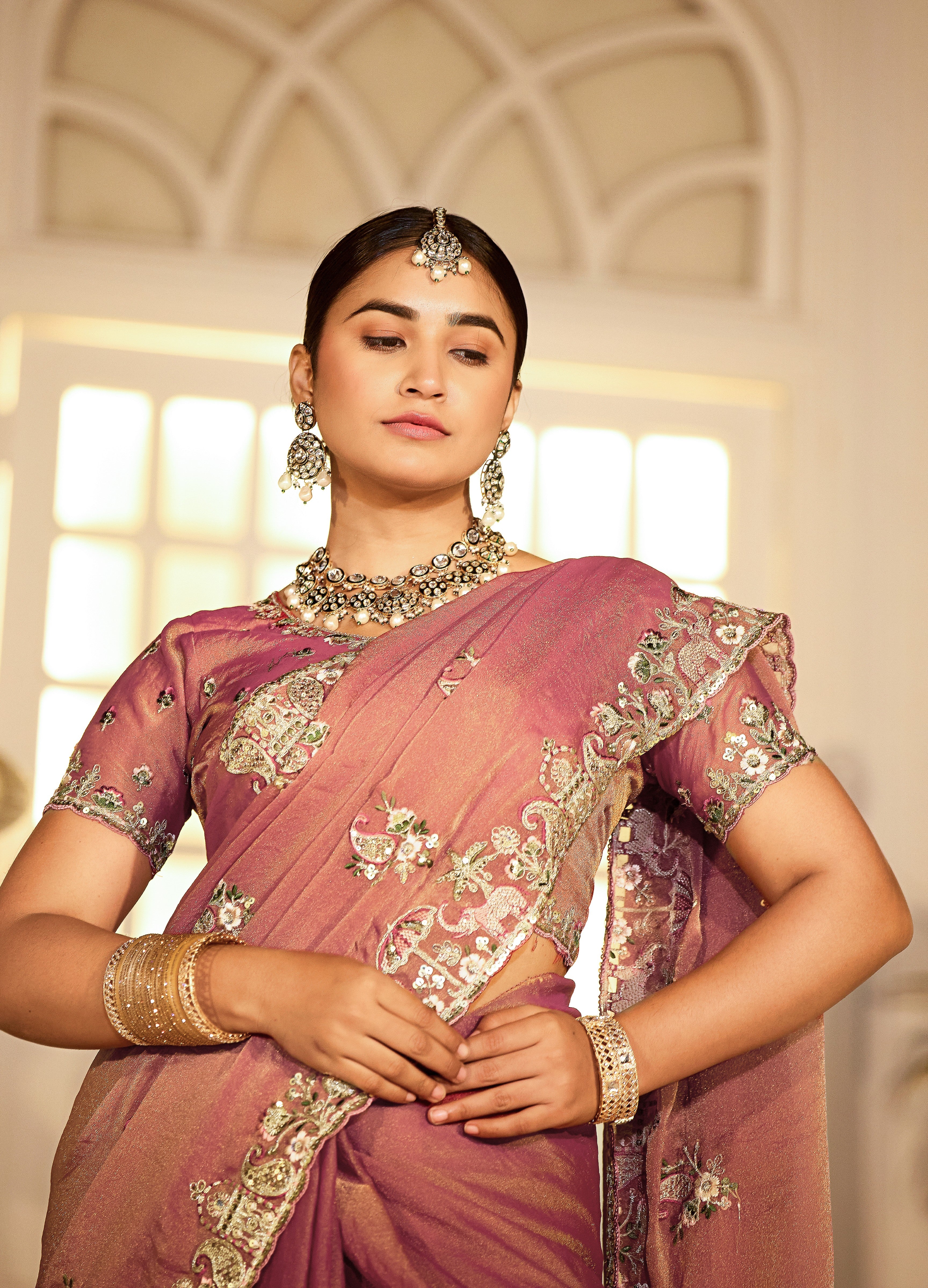 Nazakat Moss Shimmer Embroidered Saree with Designer Blouse