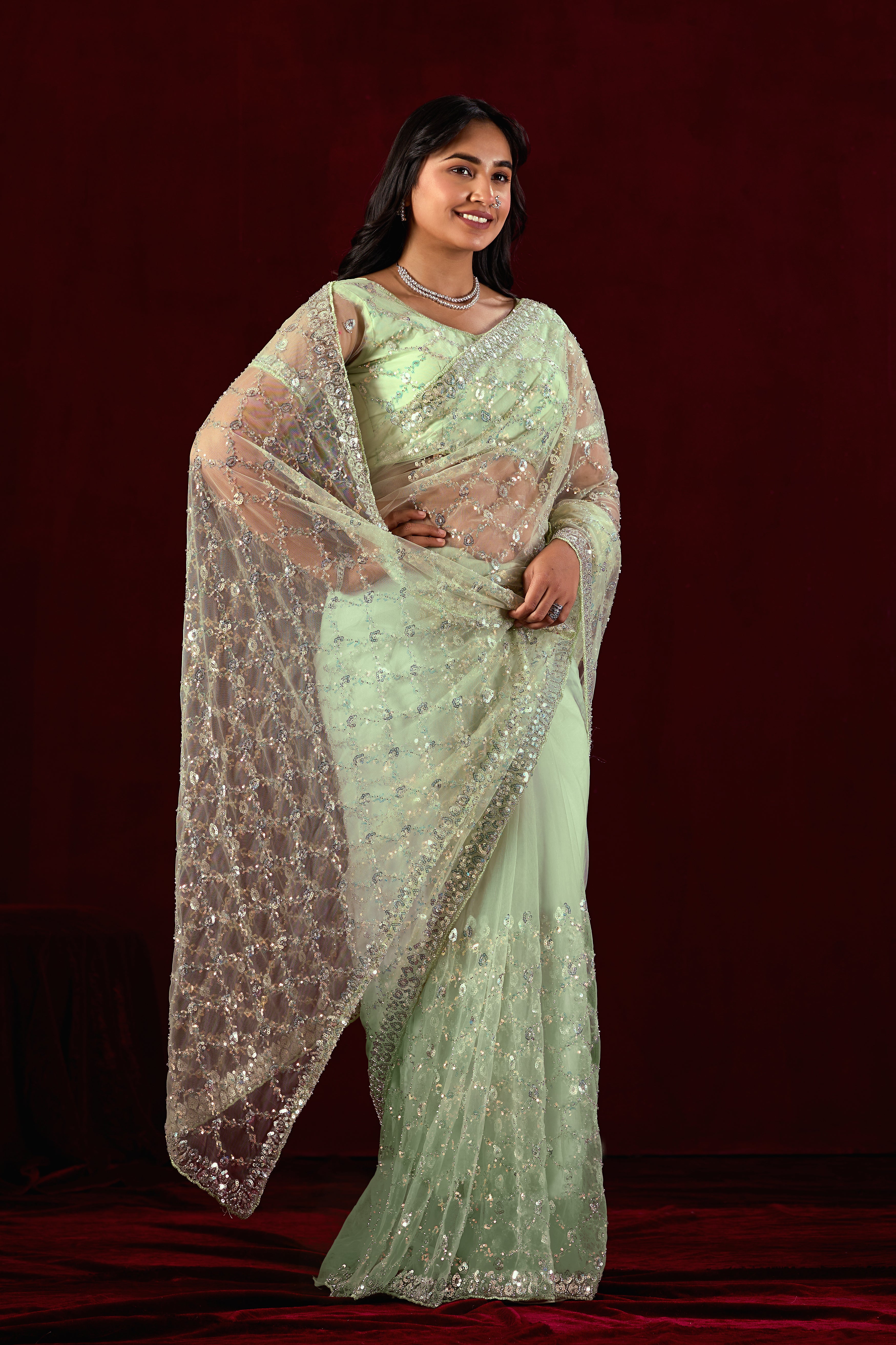 Saajvi Net Embroidered Saree with Sequin Work & Designer Blouse