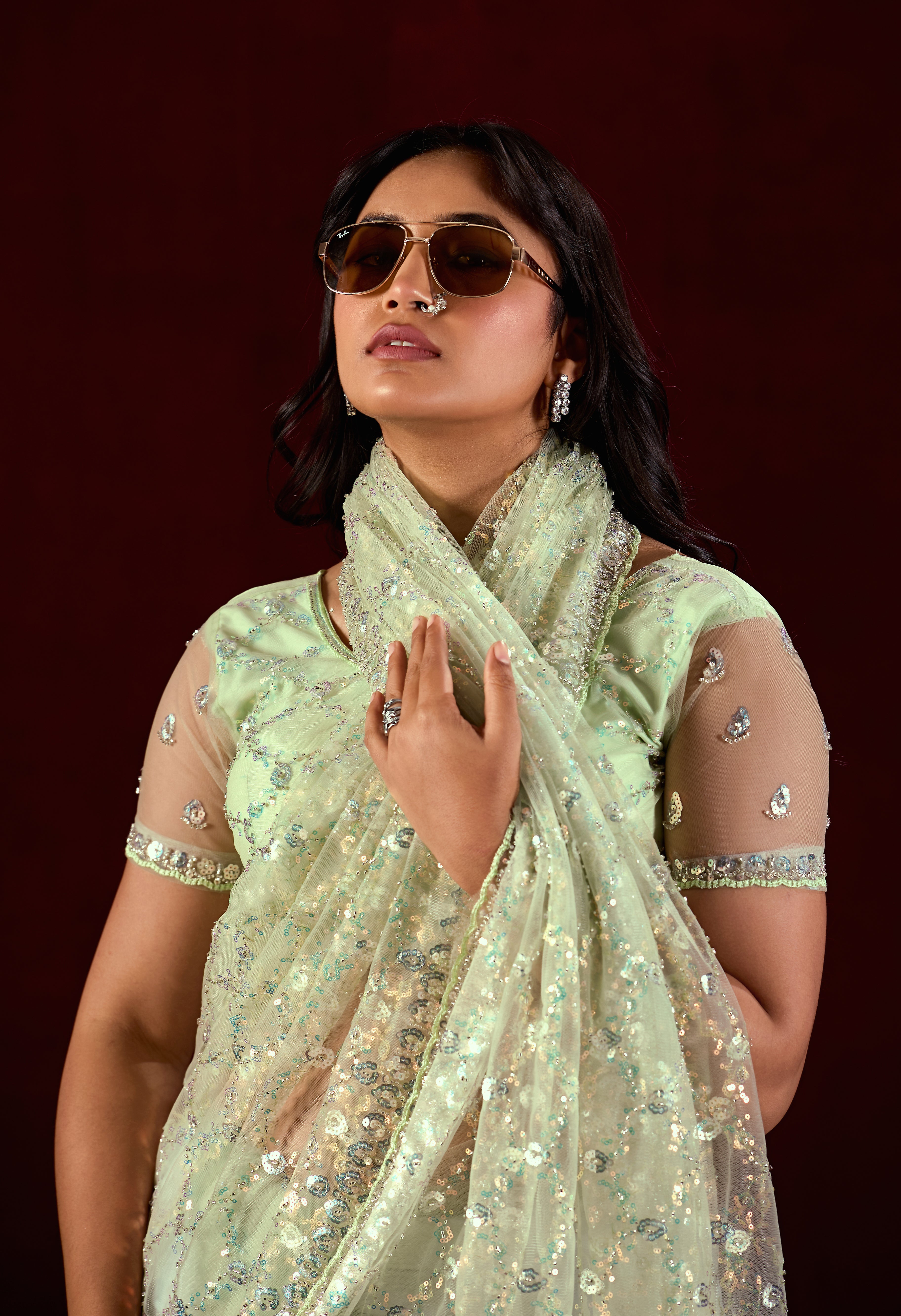 Saajvi Net Embroidered Saree with Sequin Work & Designer Blouse