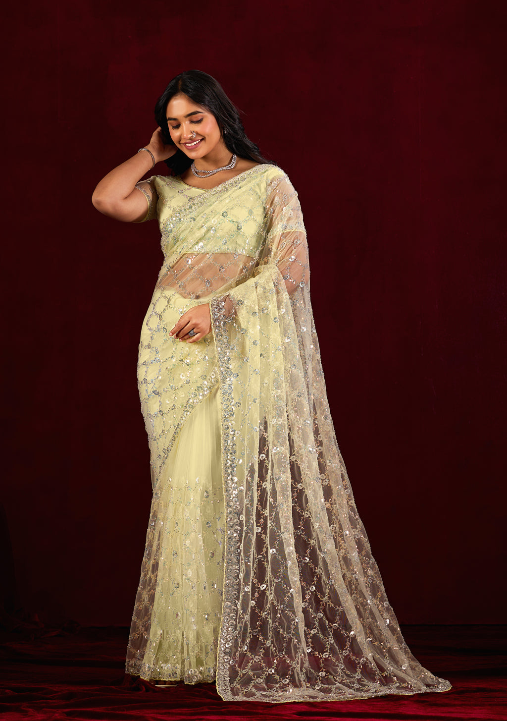 Saajvi Net Embroidered Saree with Sequin Work & Designer Blouse