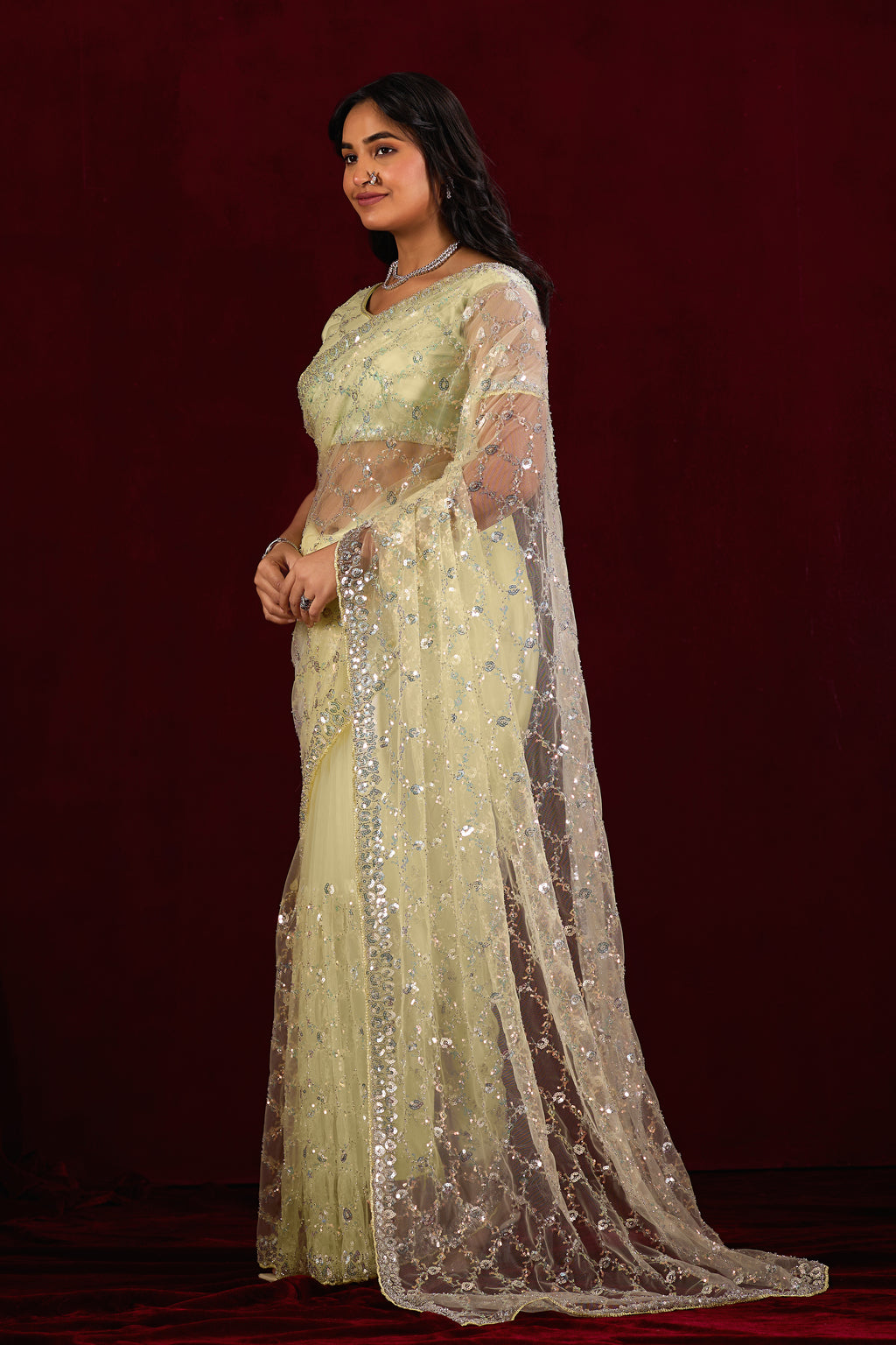 Saajvi Net Embroidered Saree with Sequin Work & Designer Blouse