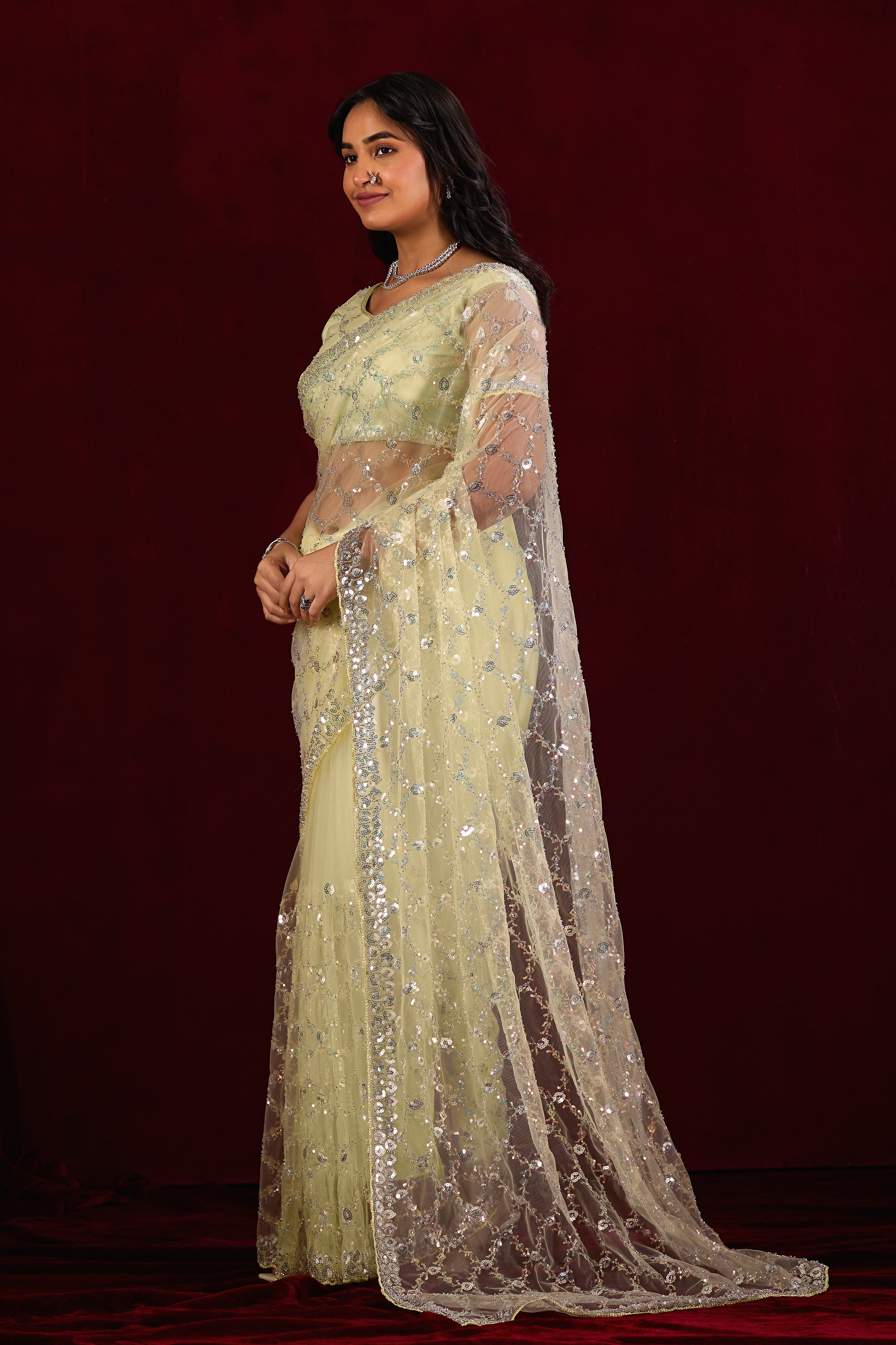 Saajvi Net Embroidered Saree with Sequin Work & Designer Blouse