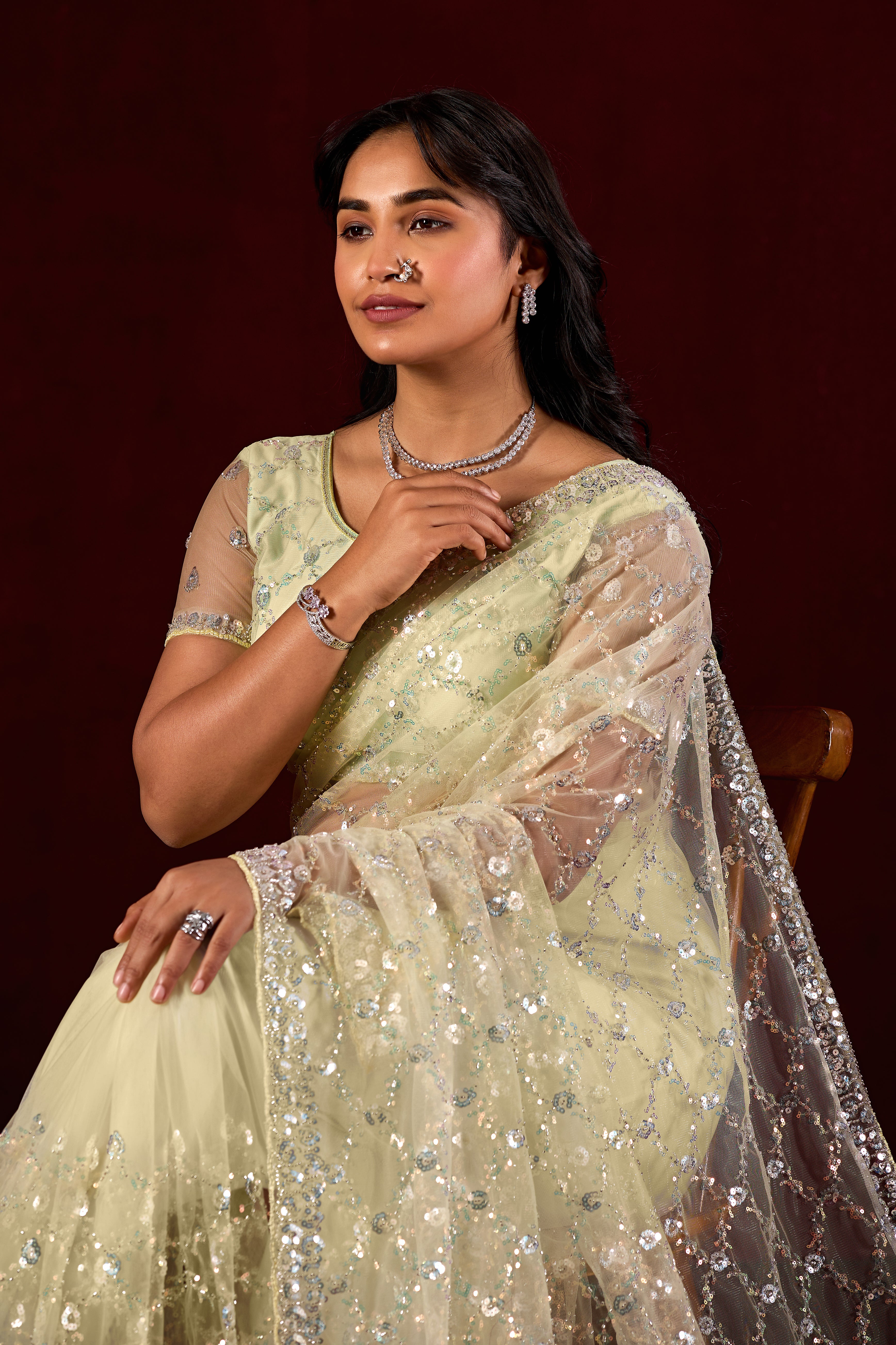 Saajvi Net Embroidered Saree with Sequin Work & Designer Blouse