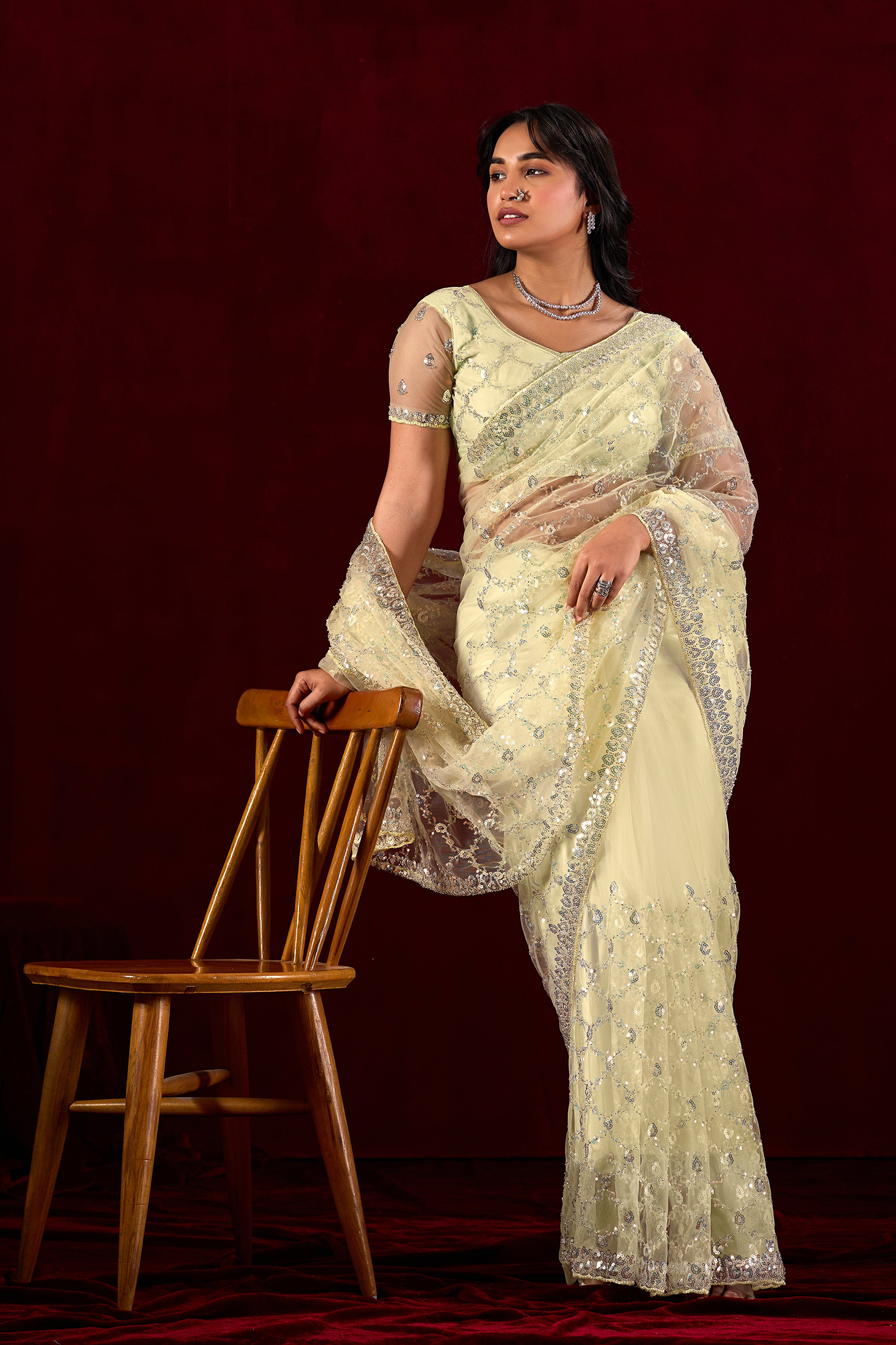 Saajvi Net Embroidered Saree with Sequin Work & Designer Blouse