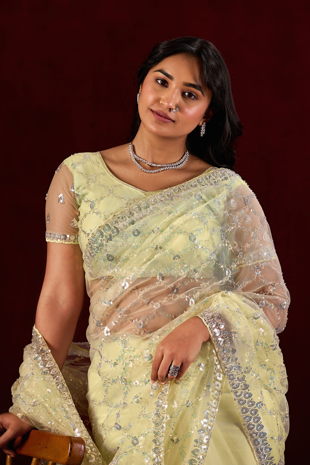 Saajvi Net Embroidered Saree with Sequin Work & Designer Blouse