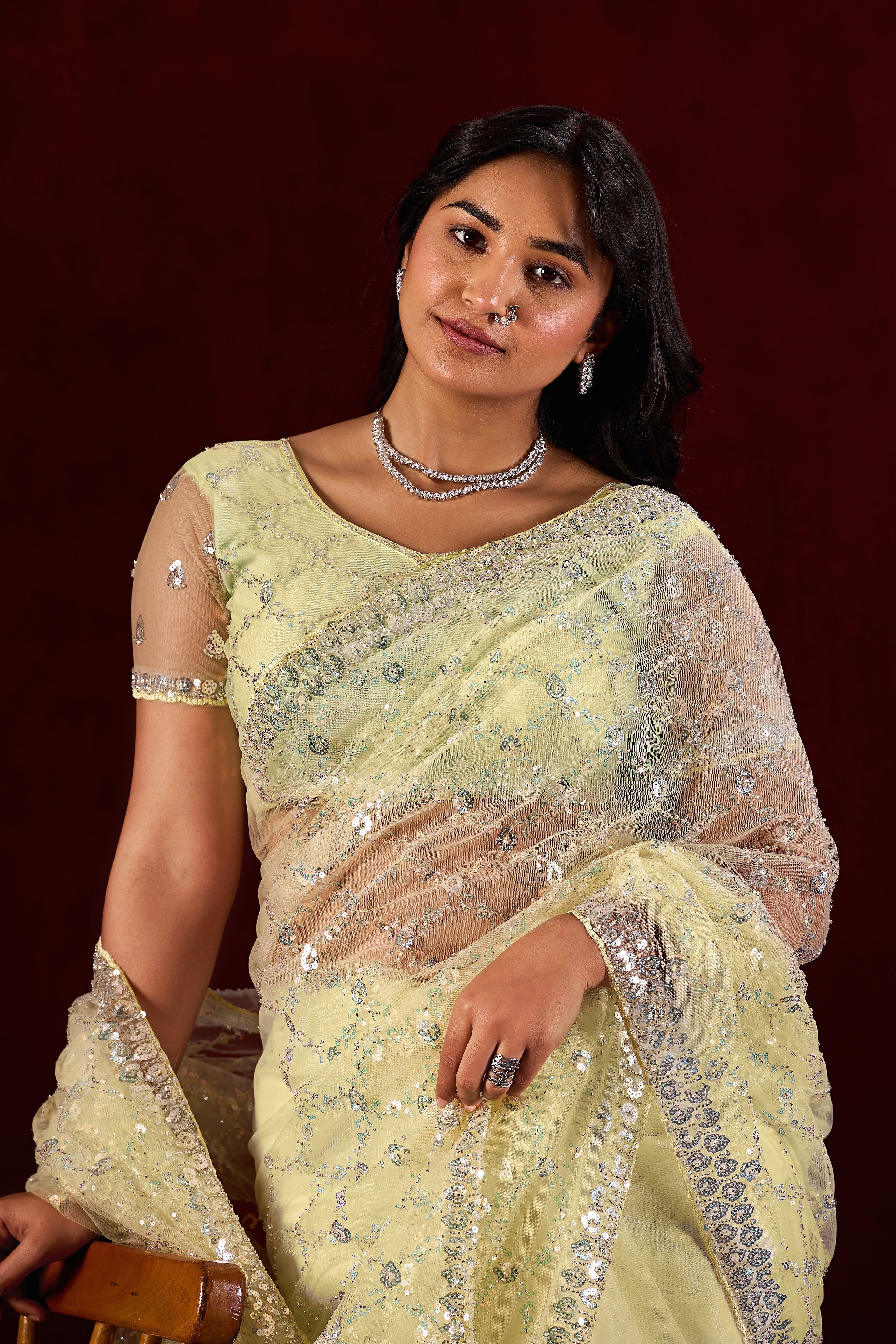 Saajvi Net Embroidered Saree with Sequin Work & Designer Blouse