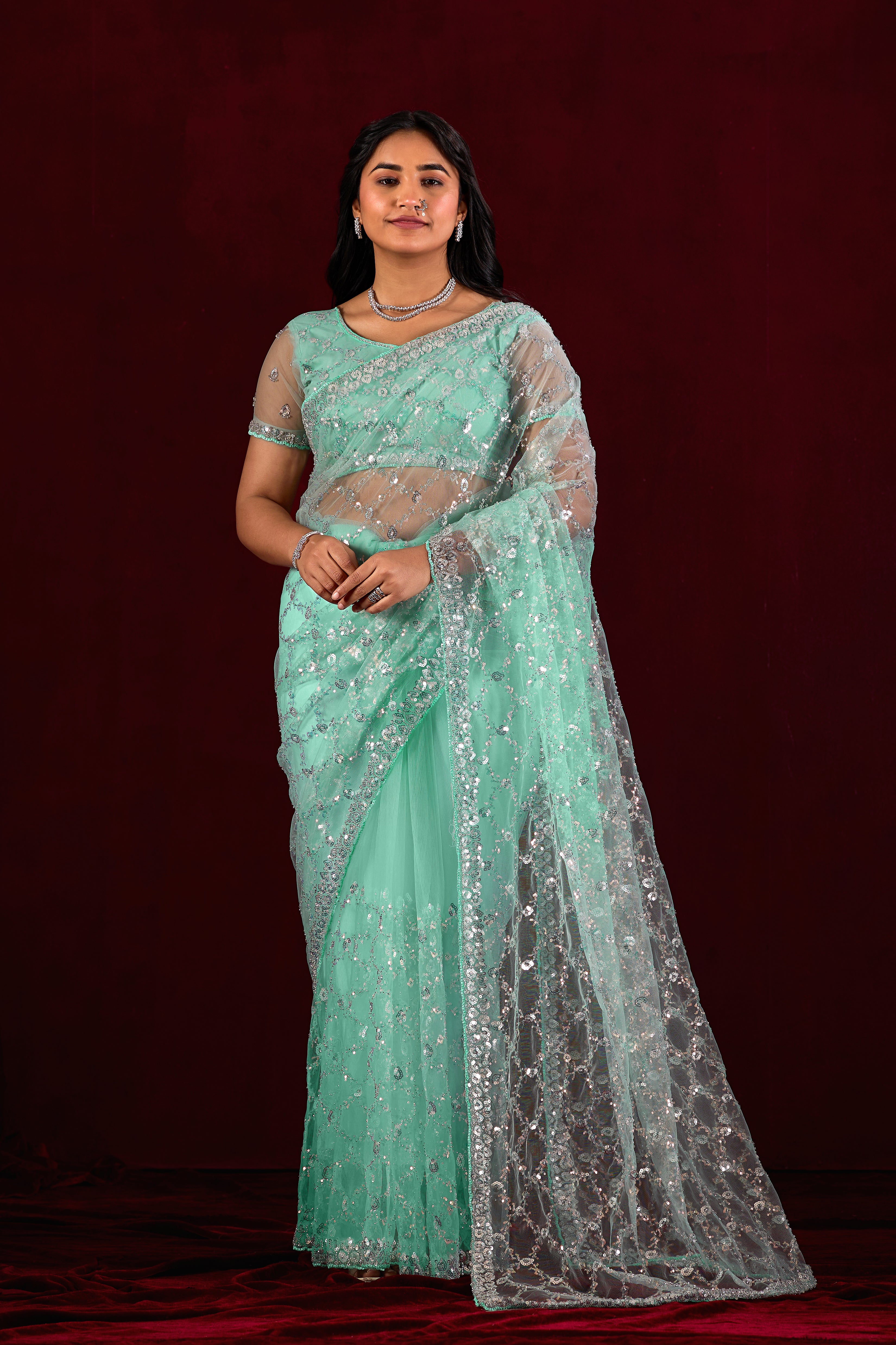 Saajvi Net Embroidered Saree with Sequin Work & Designer Blouse