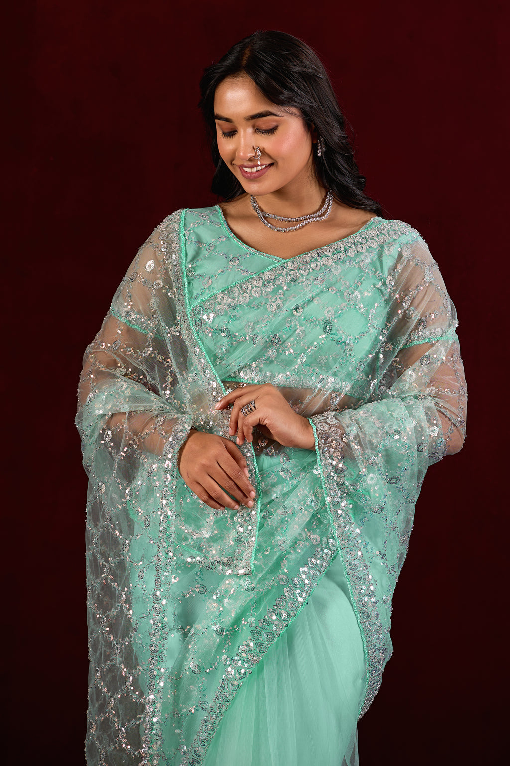 Saajvi Net Embroidered Saree with Sequin Work & Designer Blouse