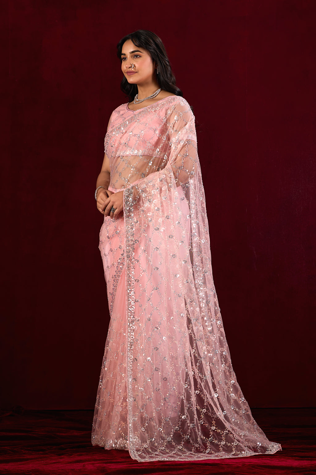 Saajvi Net Embroidered Saree with Sequin Work & Designer Blouse