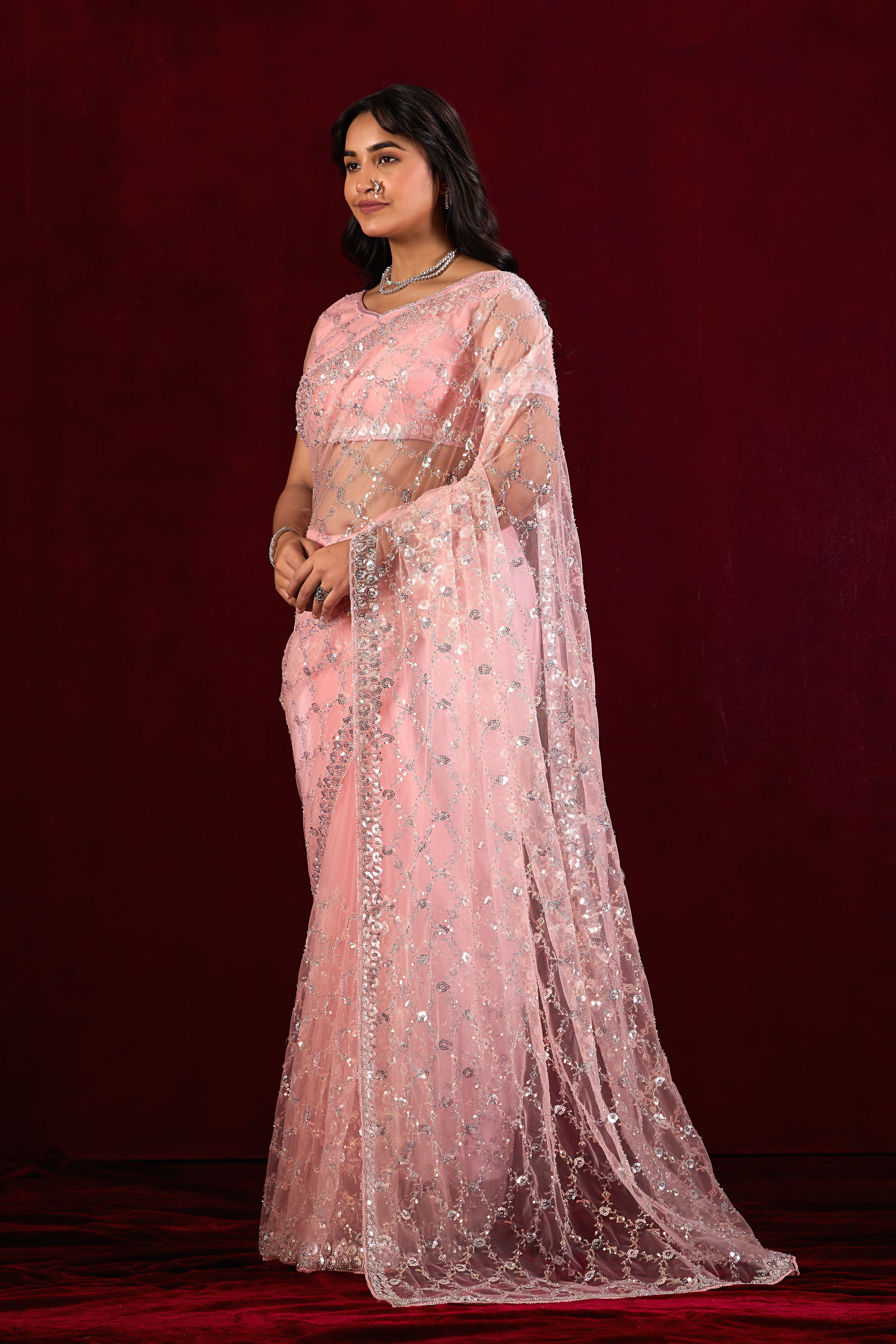 Saajvi Net Embroidered Saree with Sequin Work & Designer Blouse