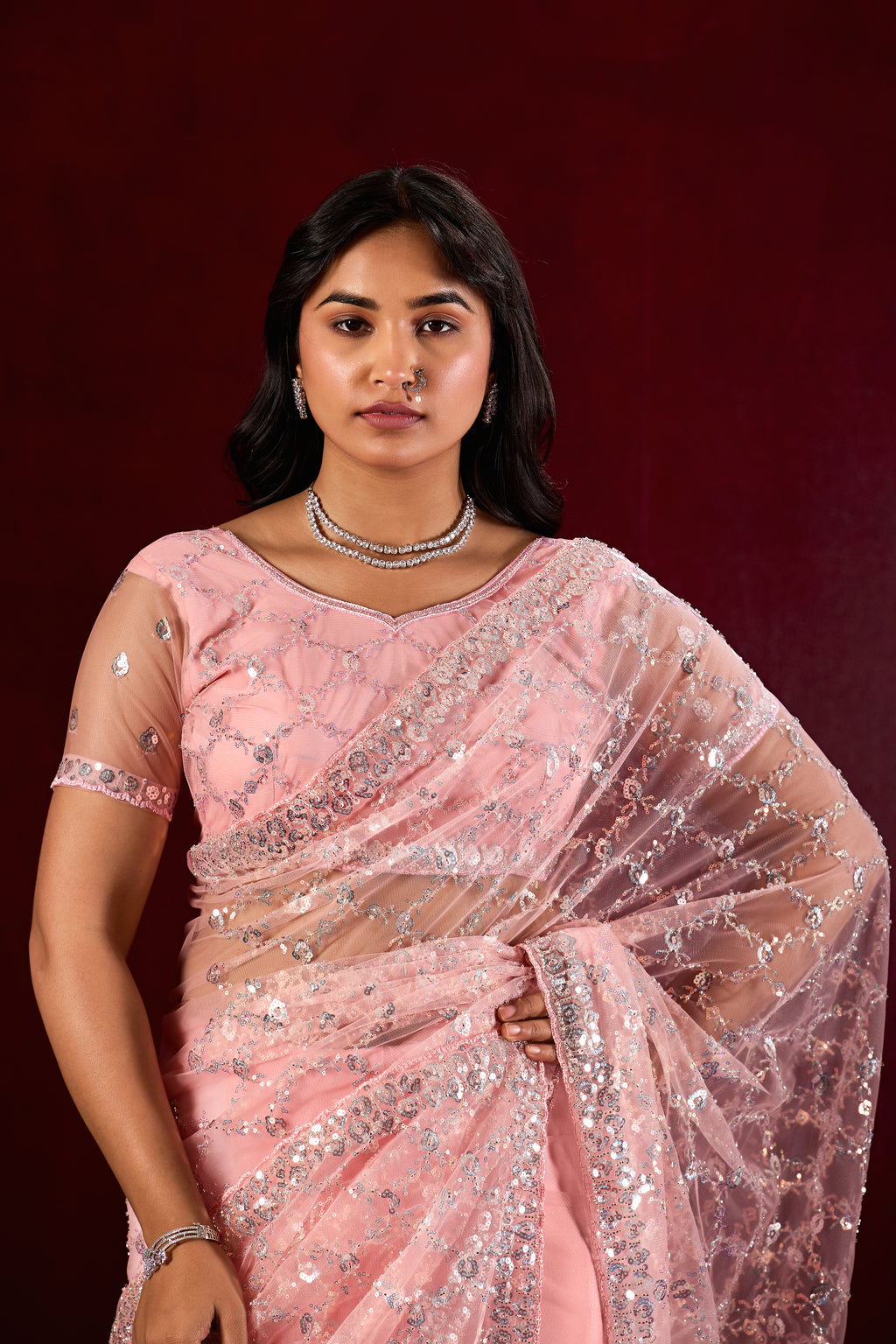 Saajvi Net Embroidered Saree with Sequin Work & Designer Blouse