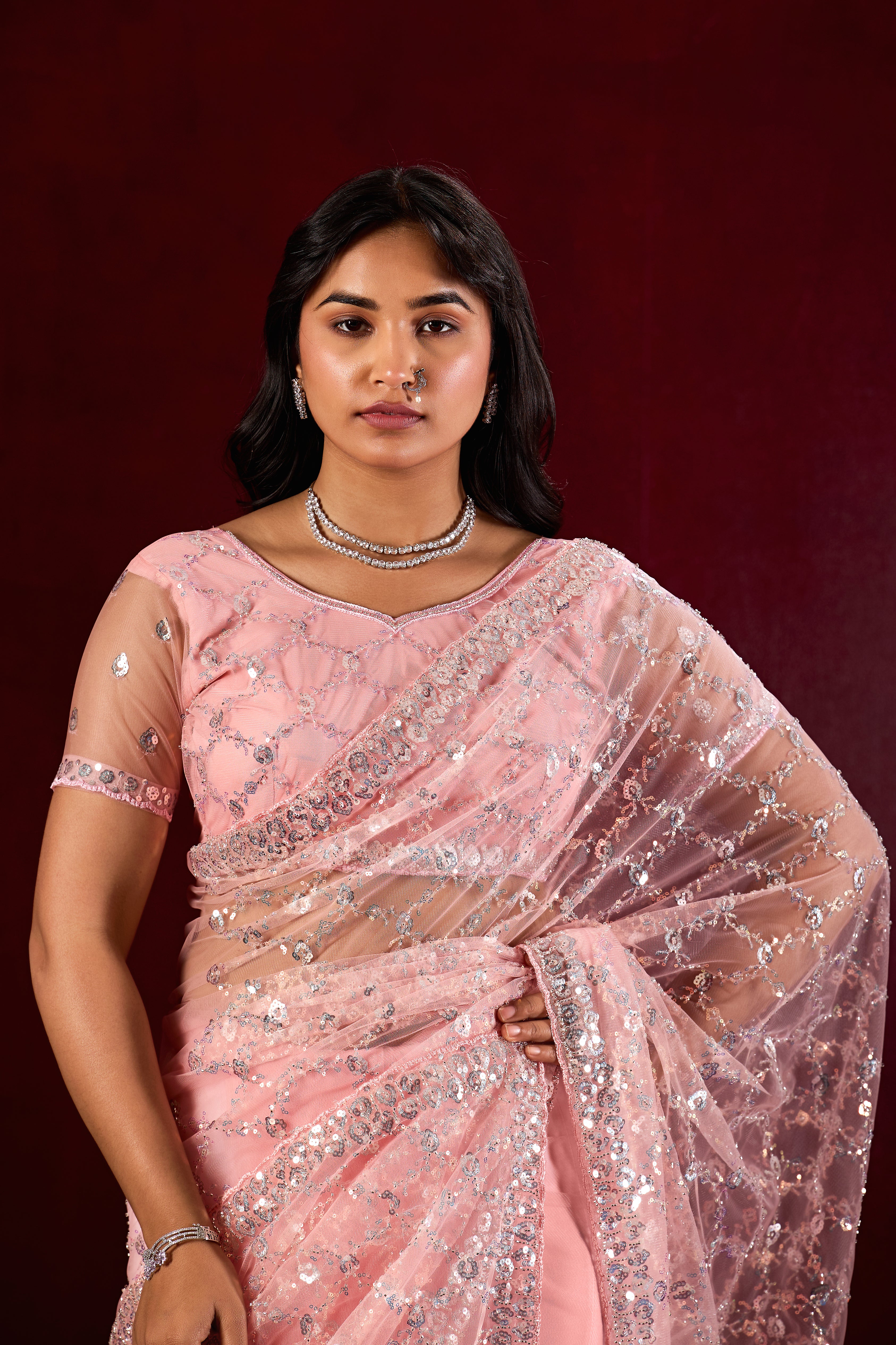 Saajvi Net Embroidered Saree with Sequin Work & Designer Blouse