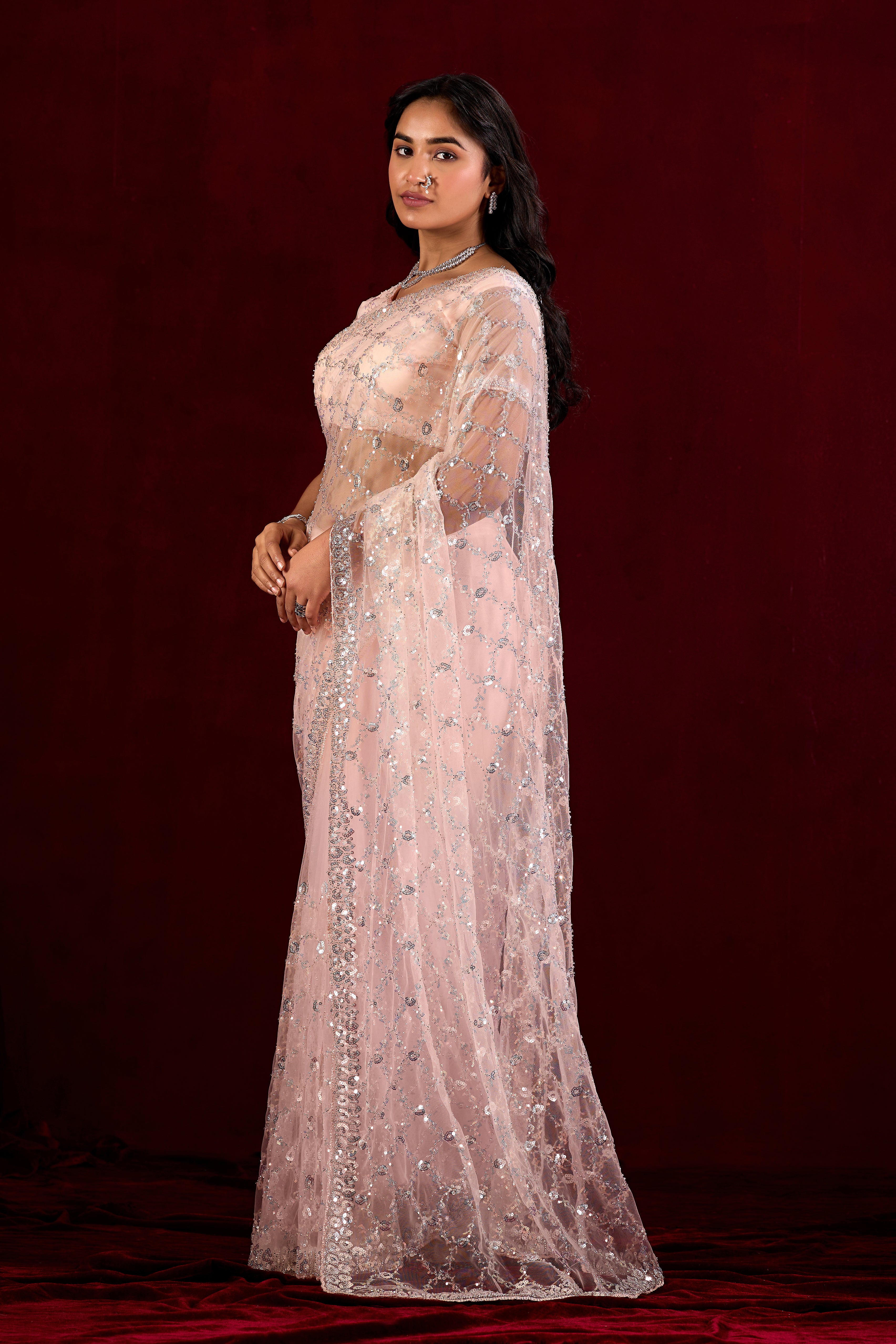 Saajvi Net Embroidered Saree with Sequin Work & Designer Blouse