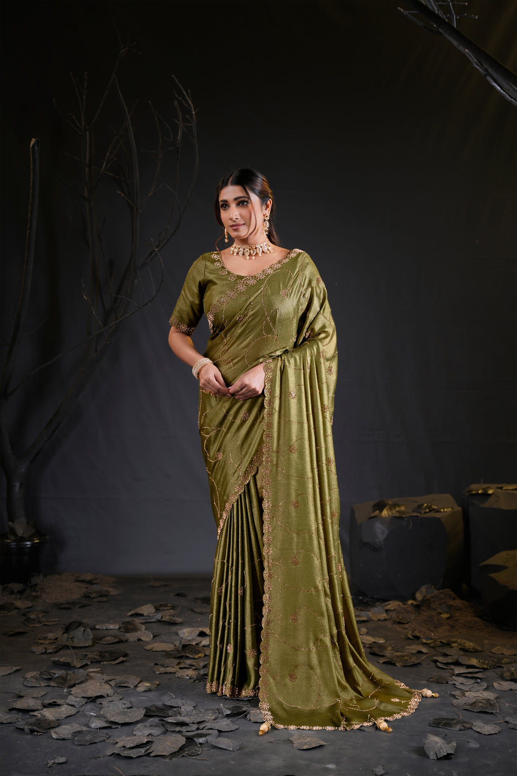 Falguni 3 Designer Saree | Shimmer Chiffon with Star Motif Embroidery, Sirosky Work & Pearl Border Drops