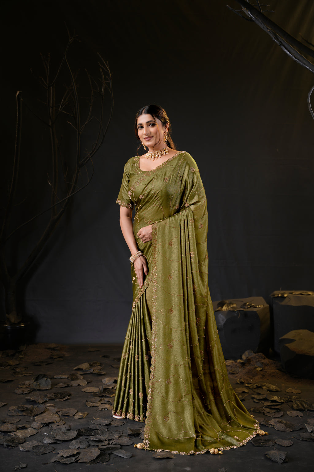Falguni 3 Designer Saree | Shimmer Chiffon with Star Motif Embroidery, Sirosky Work & Pearl Border Drops