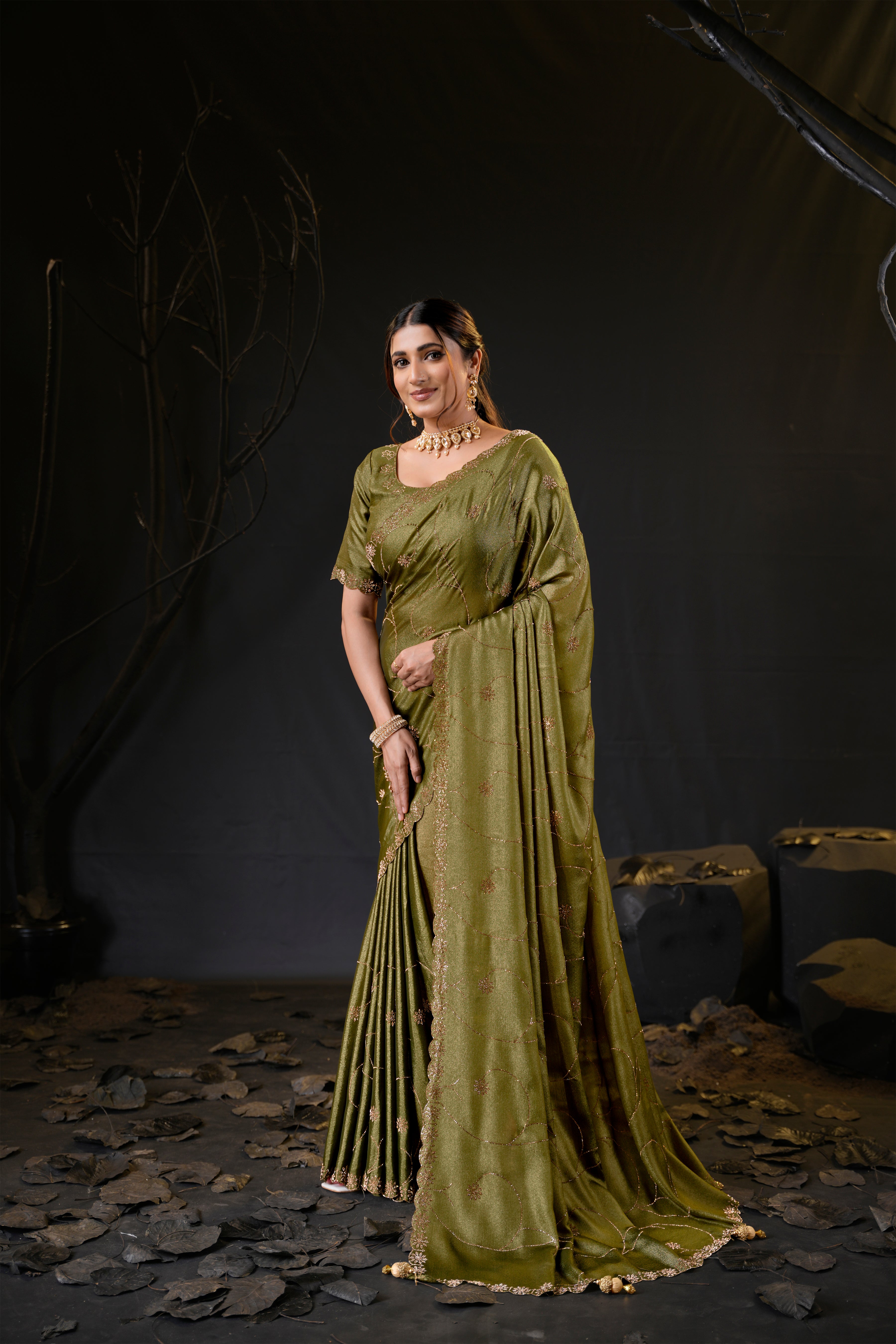 Falguni 3 Designer Saree | Shimmer Chiffon with Star Motif Embroidery, Sirosky Work & Pearl Border Drops