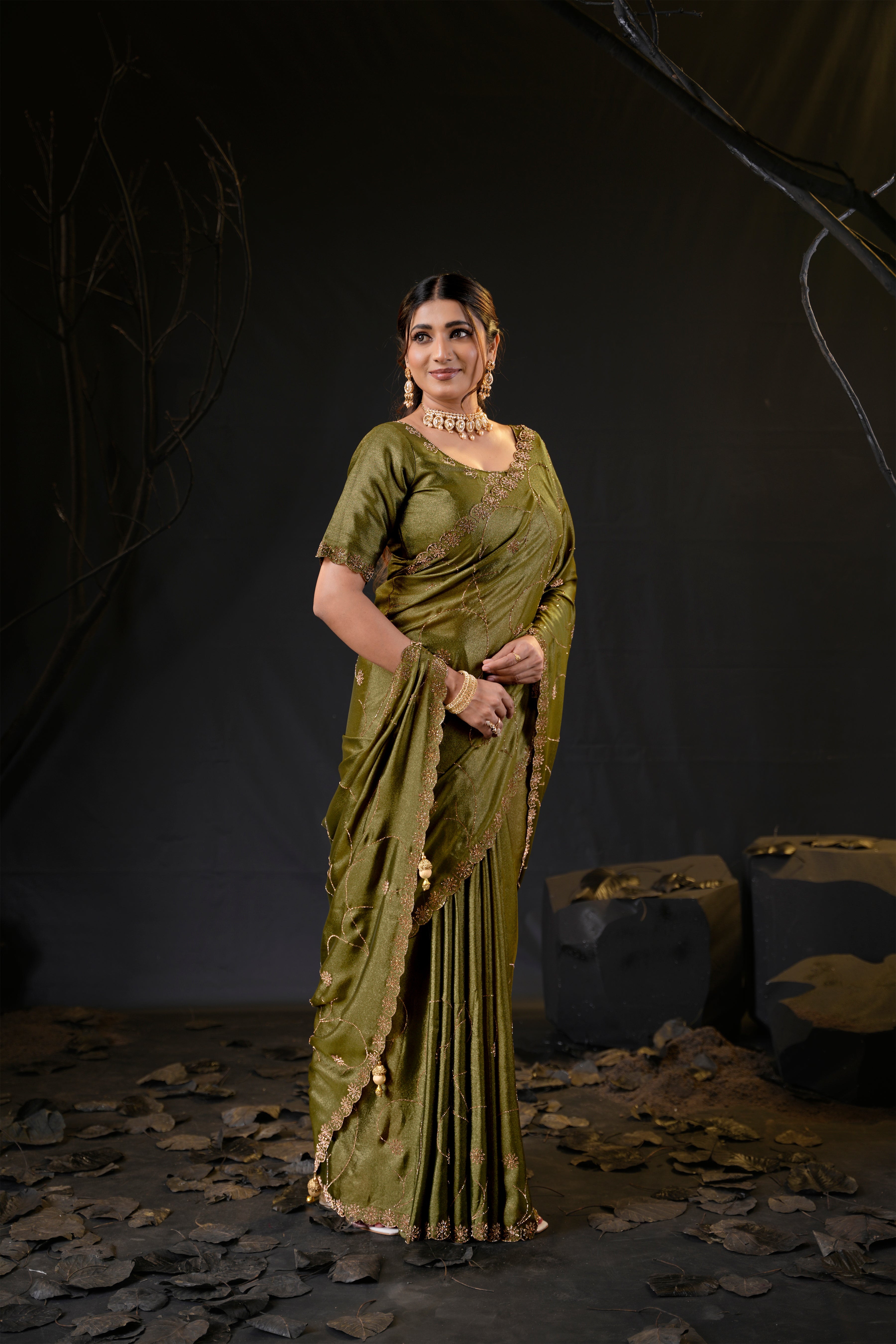 Falguni 3 Designer Saree | Shimmer Chiffon with Star Motif Embroidery, Sirosky Work & Pearl Border Drops