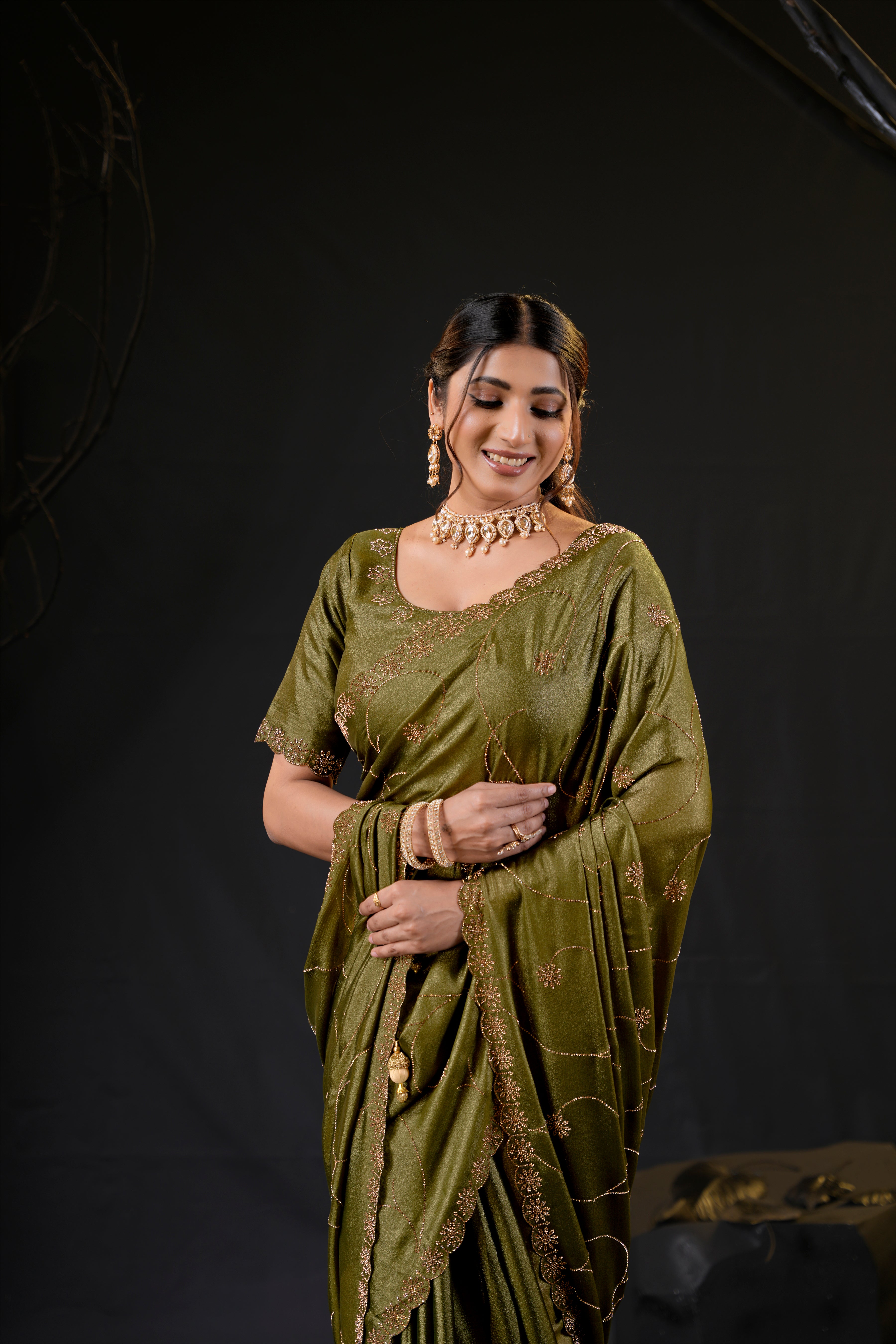 Falguni 3 Designer Saree | Shimmer Chiffon with Star Motif Embroidery, Sirosky Work & Pearl Border Drops