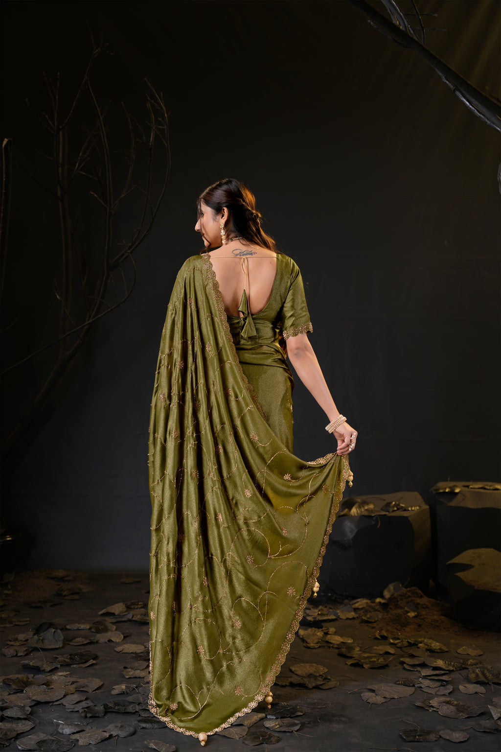 Falguni 3 Designer Saree | Shimmer Chiffon with Star Motif Embroidery, Sirosky Work & Pearl Border Drops