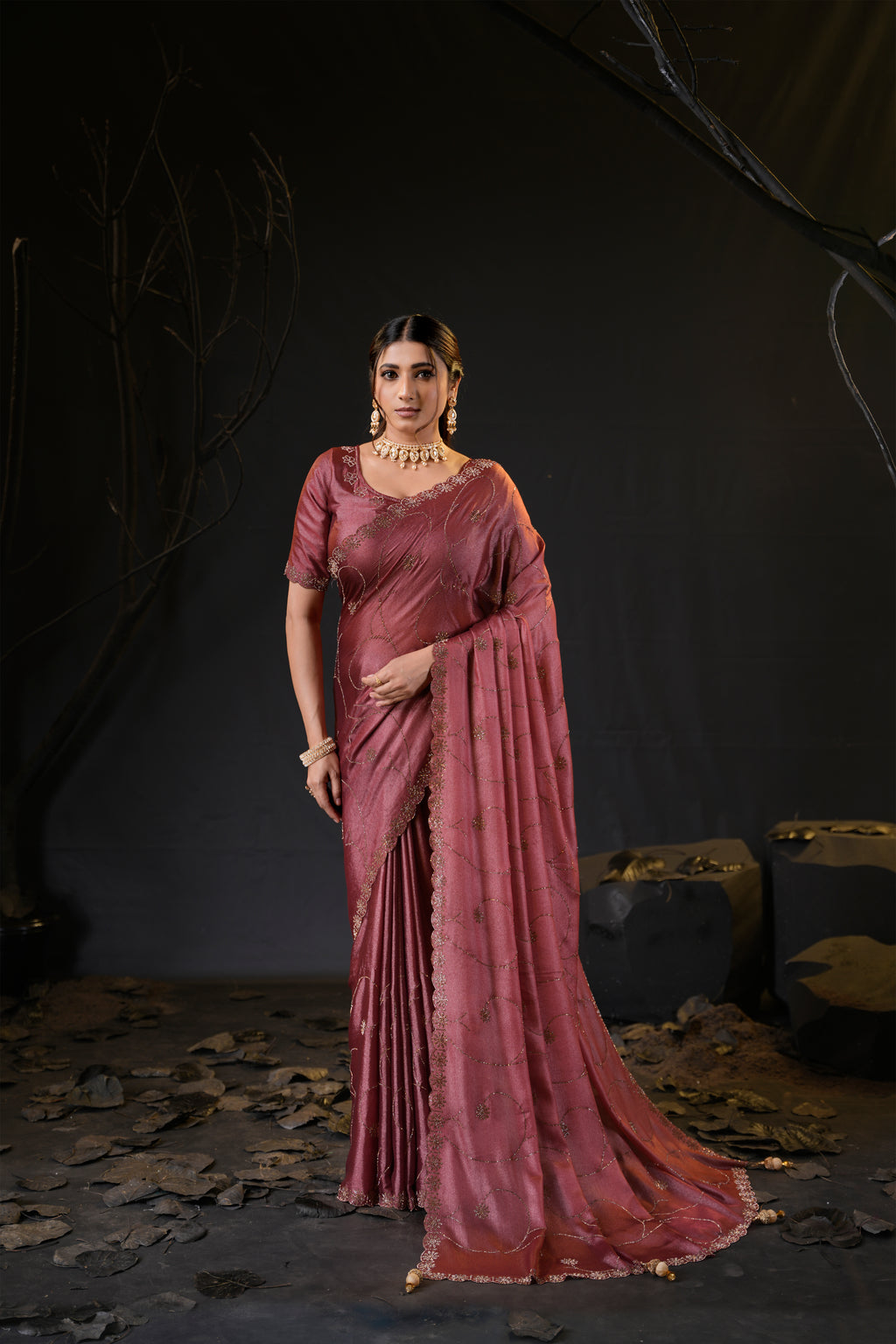 Falguni 3 Designer Saree | Shimmer Chiffon with Star Motif Embroidery, Sirosky Work & Pearl Border Drops