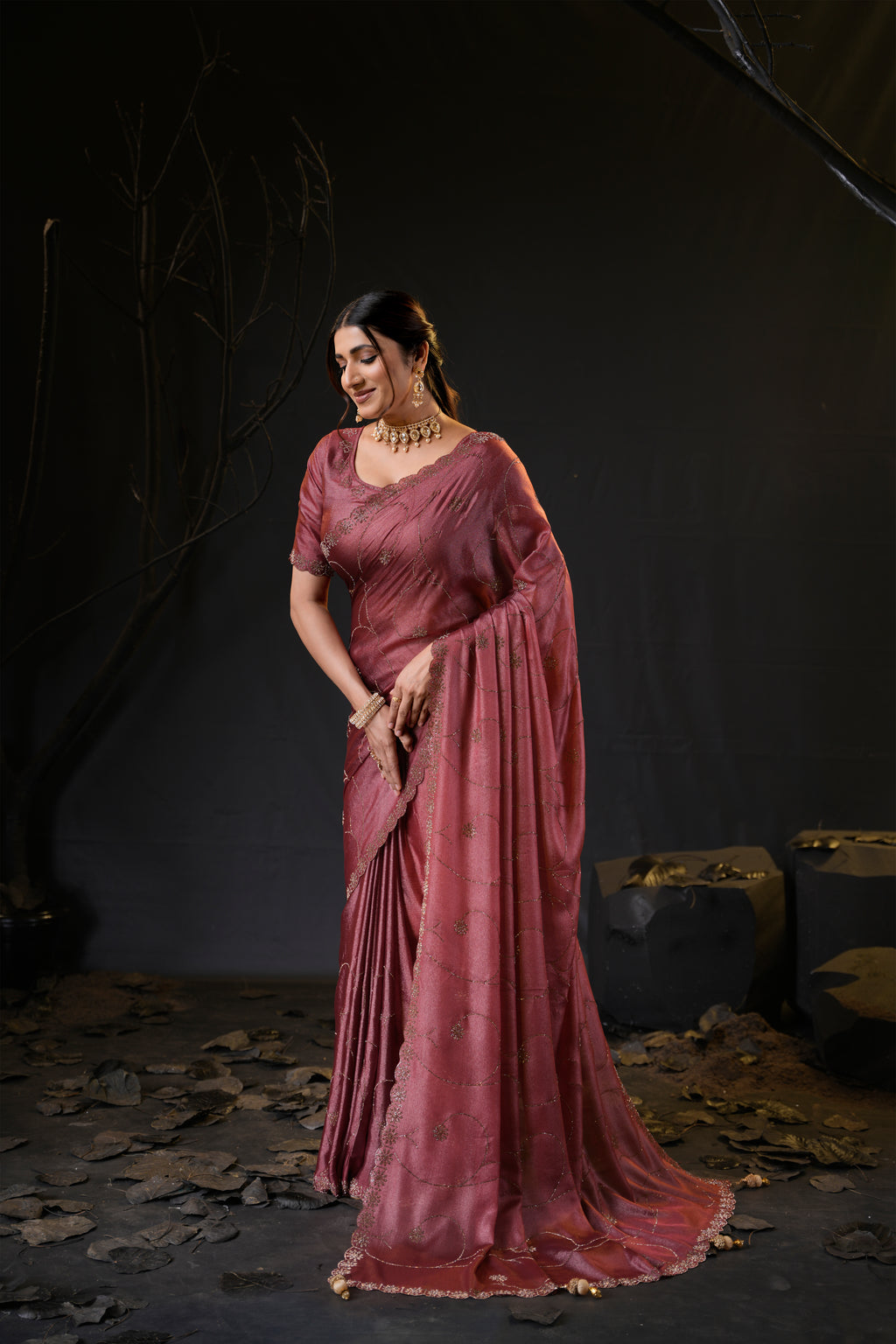 Falguni 3 Designer Saree | Shimmer Chiffon with Star Motif Embroidery, Sirosky Work & Pearl Border Drops