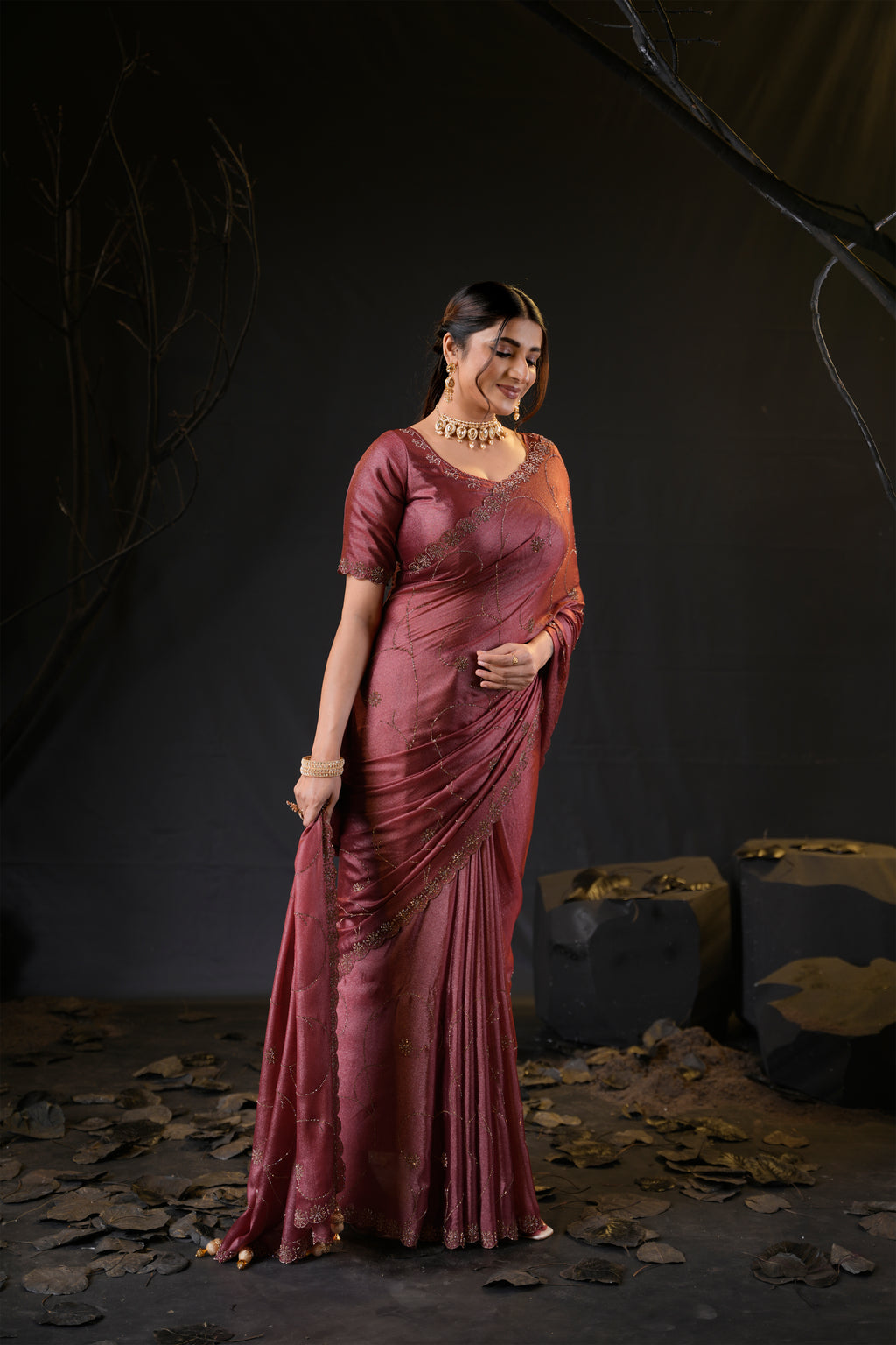 Falguni 3 Designer Saree | Shimmer Chiffon with Star Motif Embroidery, Sirosky Work & Pearl Border Drops