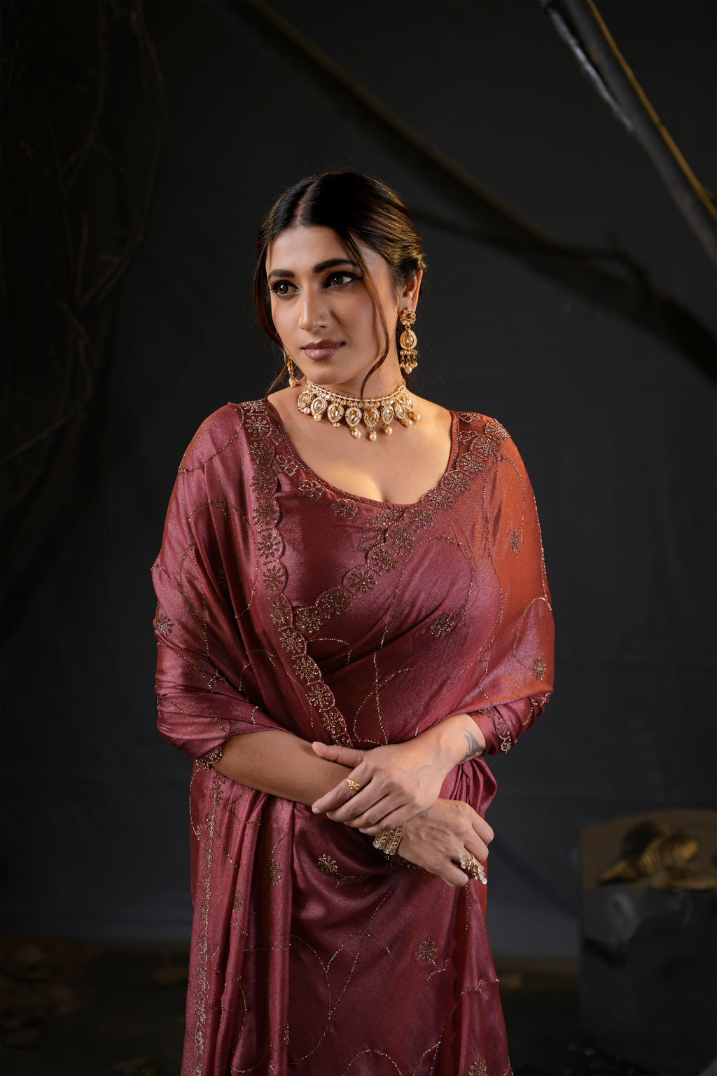 Falguni 3 Designer Saree | Shimmer Chiffon with Star Motif Embroidery, Sirosky Work & Pearl Border Drops