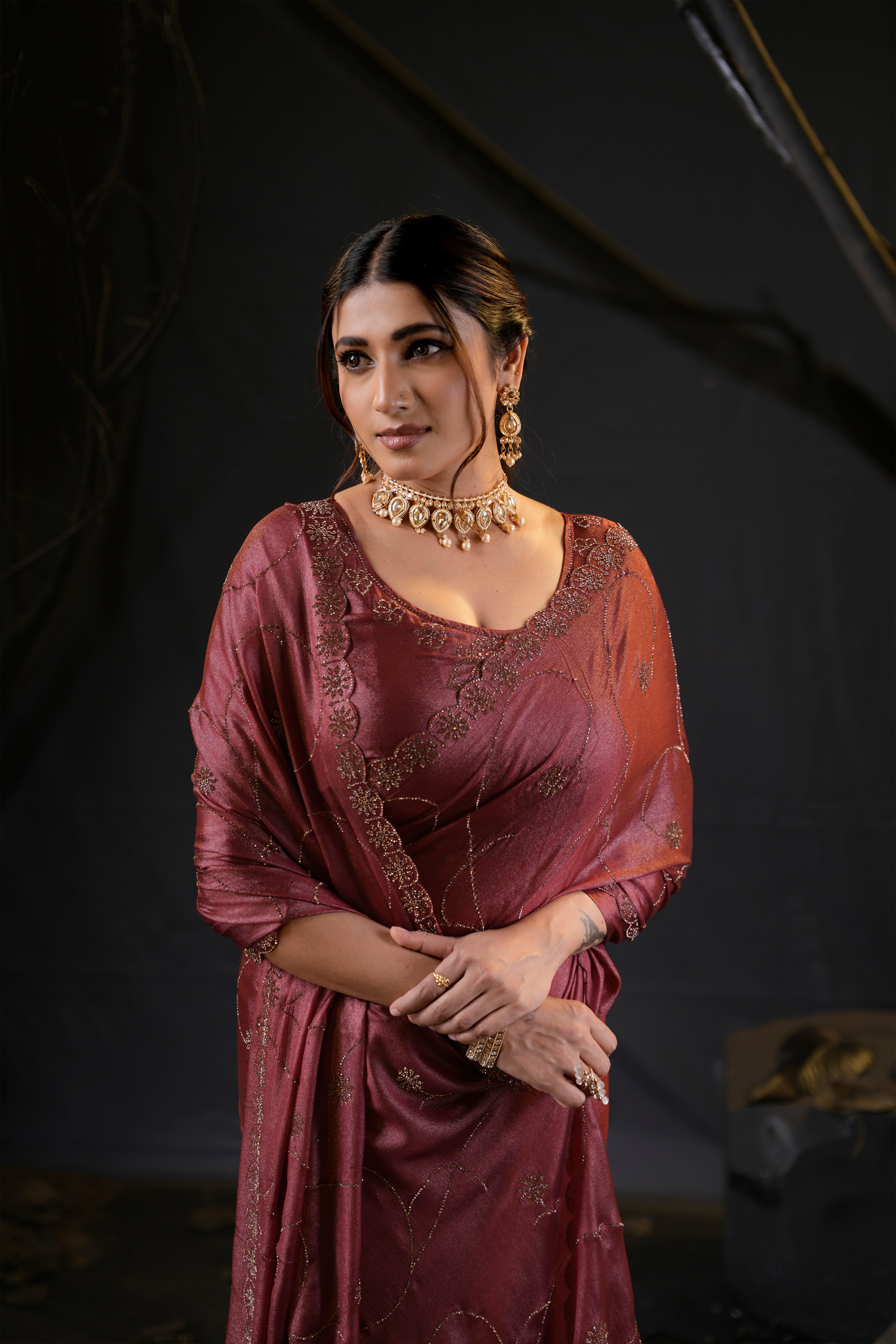 Falguni 3 Designer Saree | Shimmer Chiffon with Star Motif Embroidery, Sirosky Work & Pearl Border Drops