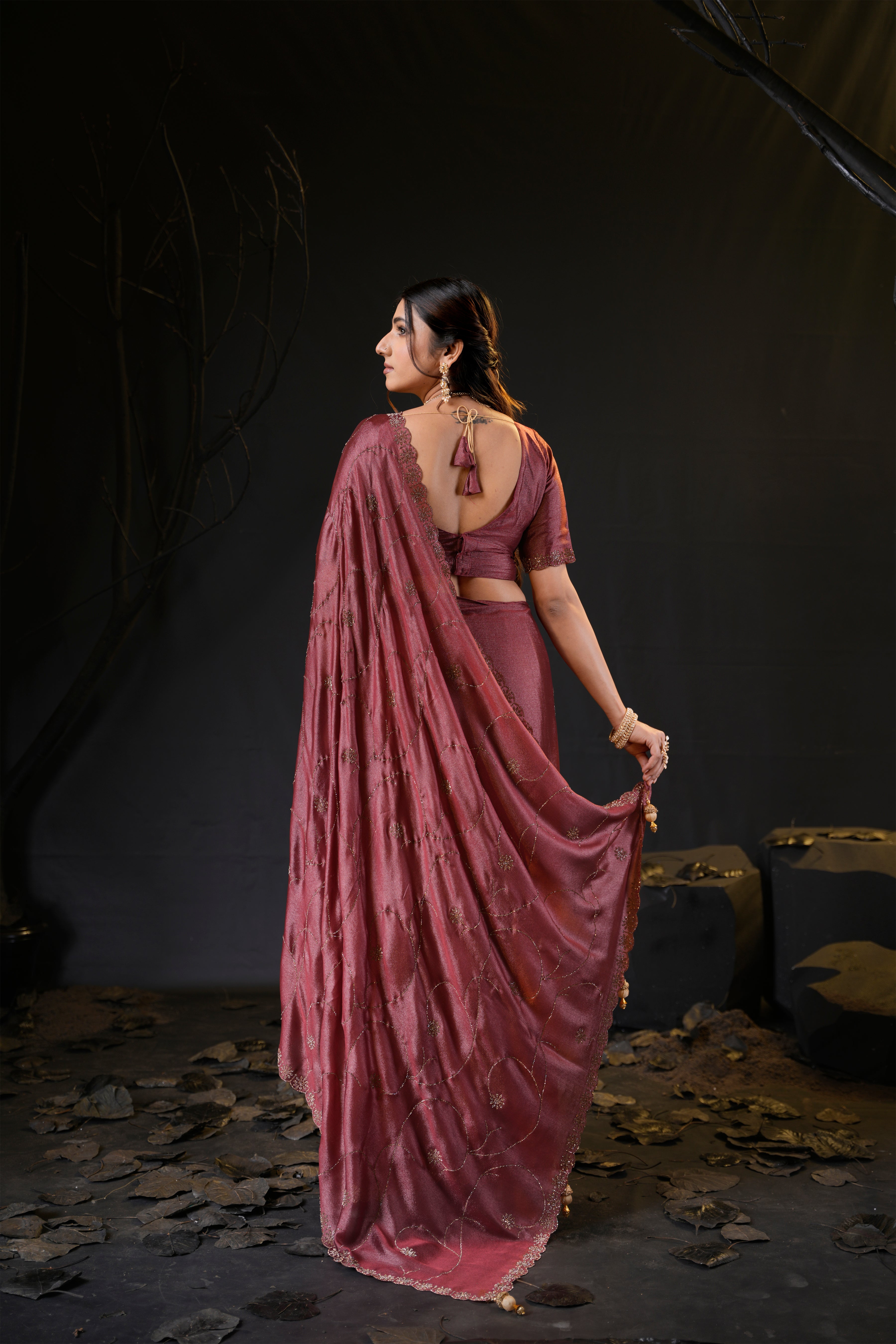 Falguni 3 Designer Saree | Shimmer Chiffon with Star Motif Embroidery, Sirosky Work & Pearl Border Drops