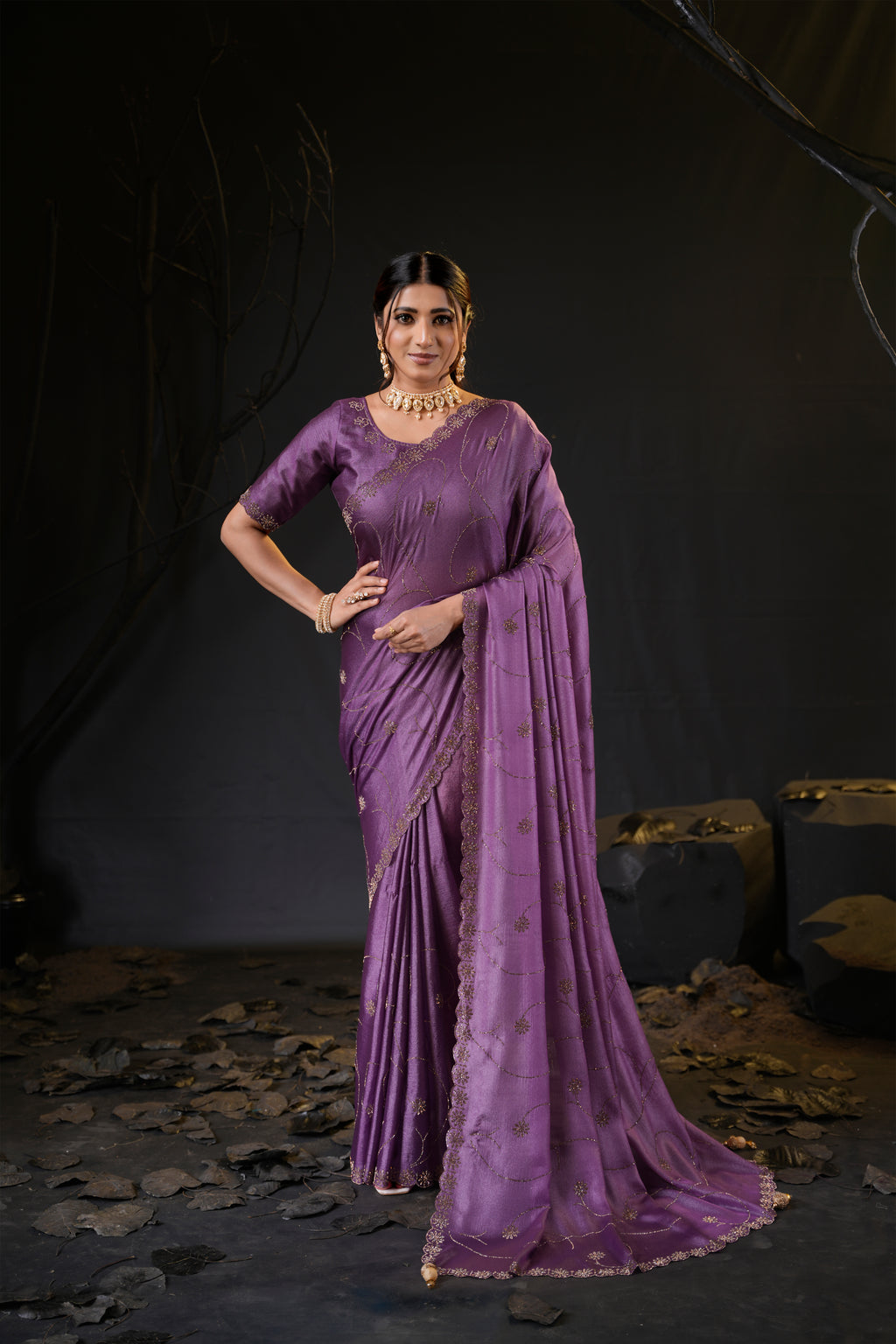 Falguni 3 Designer Saree | Shimmer Chiffon with Star Motif Embroidery, Sirosky Work & Pearl Border Drops