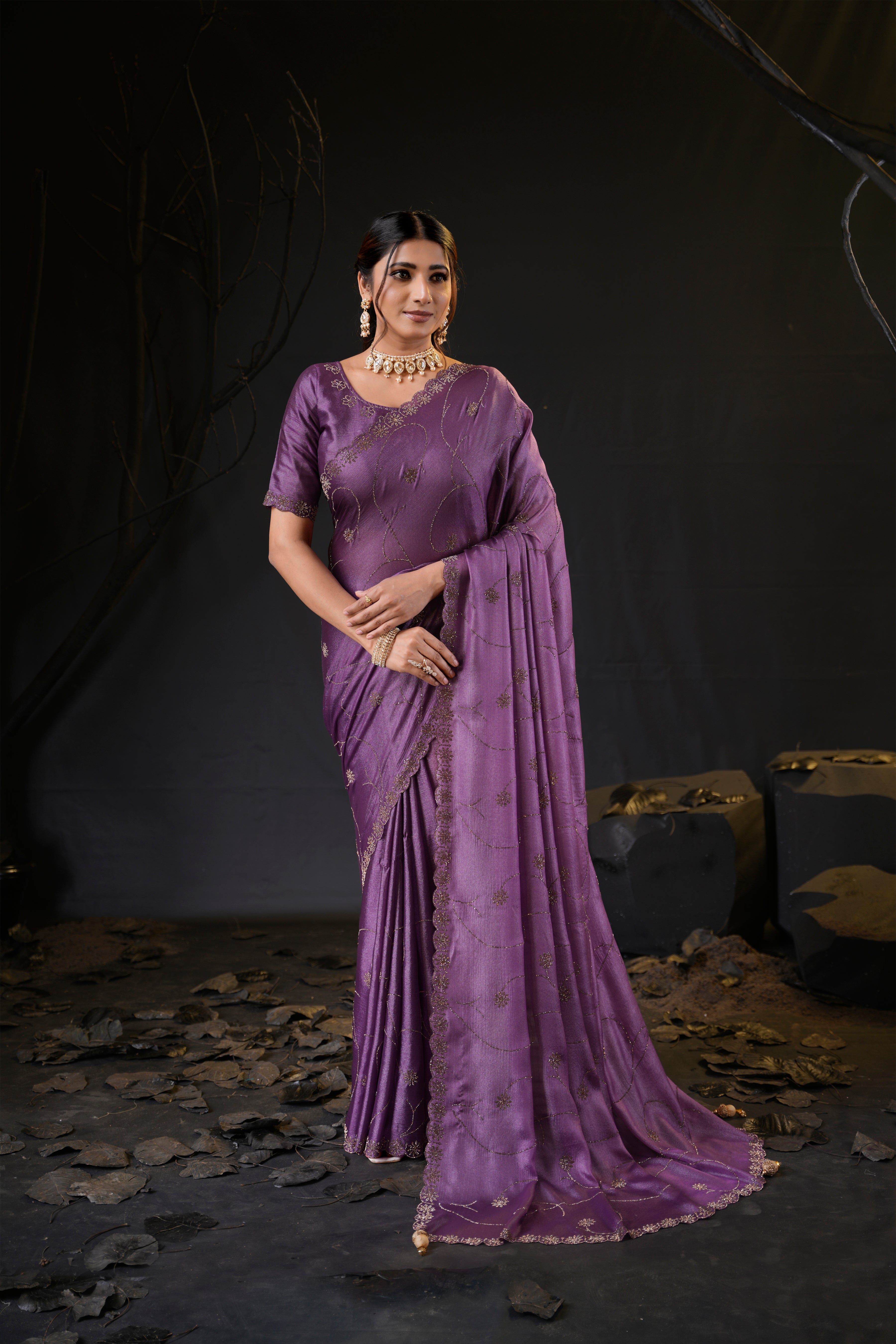 Falguni 3 Designer Saree | Shimmer Chiffon with Star Motif Embroidery, Sirosky Work & Pearl Border Drops