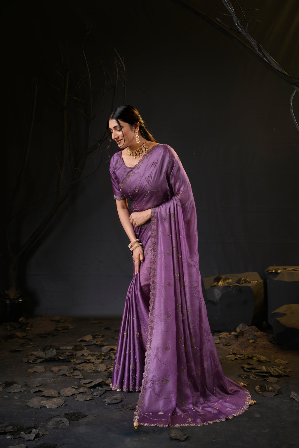 Falguni 3 Designer Saree | Shimmer Chiffon with Star Motif Embroidery, Sirosky Work & Pearl Border Drops