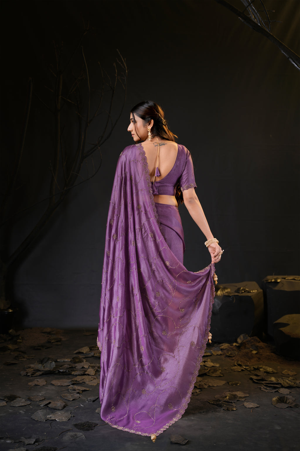 Falguni 3 Designer Saree | Shimmer Chiffon with Star Motif Embroidery, Sirosky Work & Pearl Border Drops