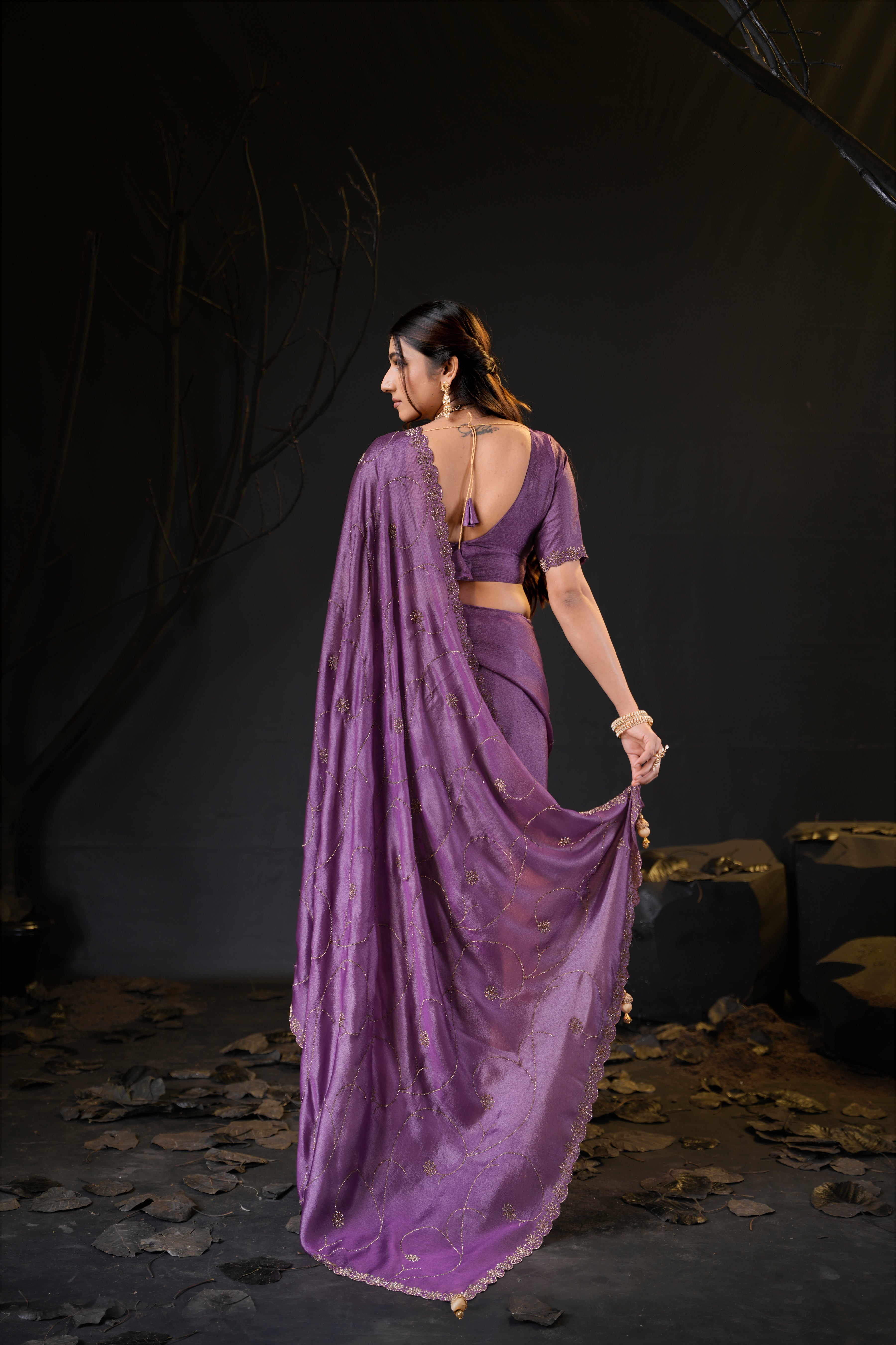 Falguni 3 Designer Saree | Shimmer Chiffon with Star Motif Embroidery, Sirosky Work & Pearl Border Drops