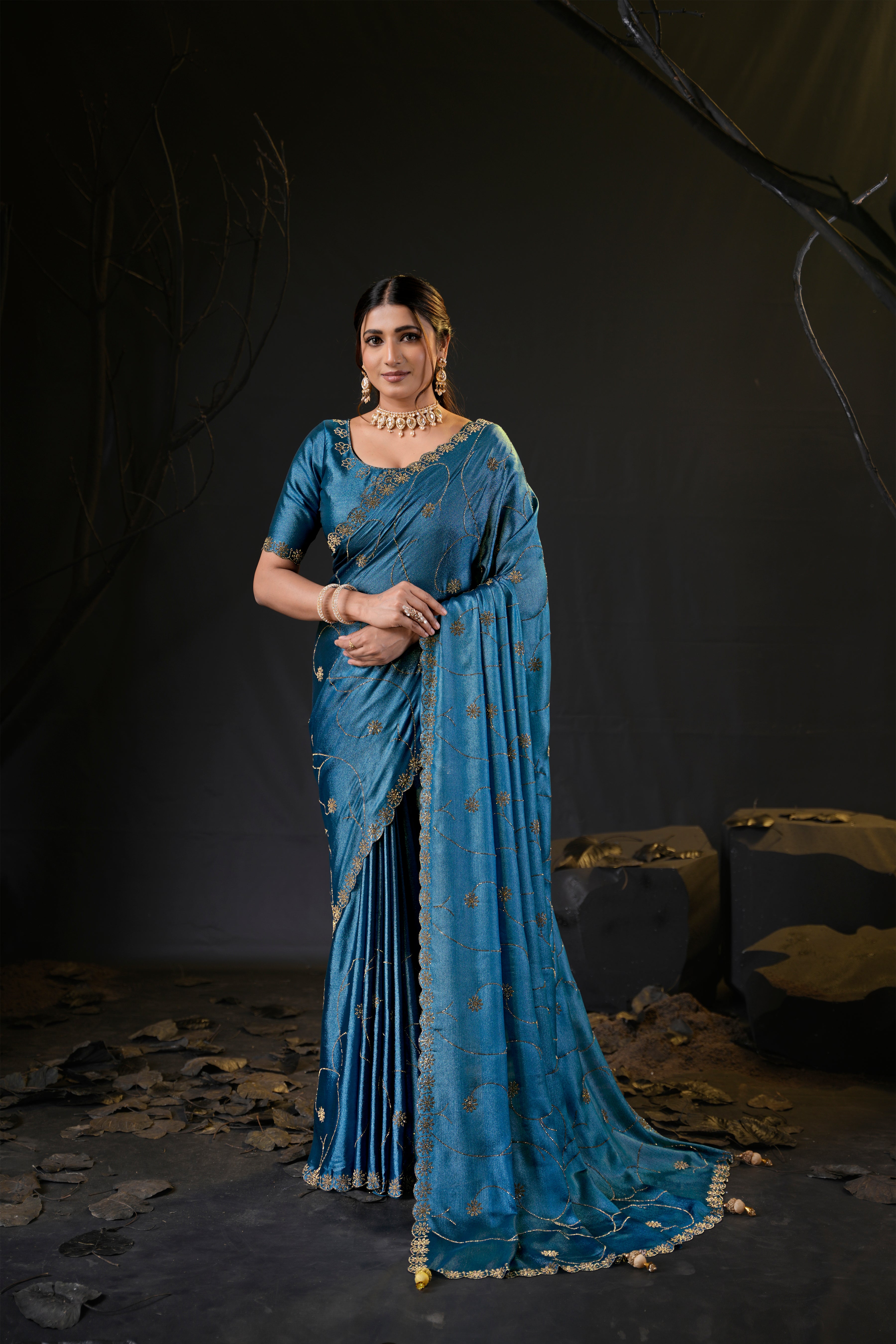 Falguni 3 Designer Saree | Shimmer Chiffon with Star Motif Embroidery, Sirosky Work & Pearl Border Drops