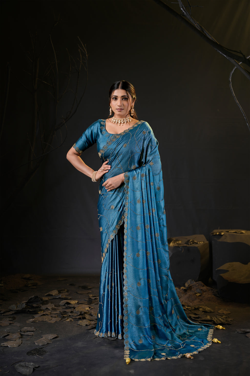 Falguni 3 Designer Saree | Shimmer Chiffon with Star Motif Embroidery, Sirosky Work & Pearl Border Drops