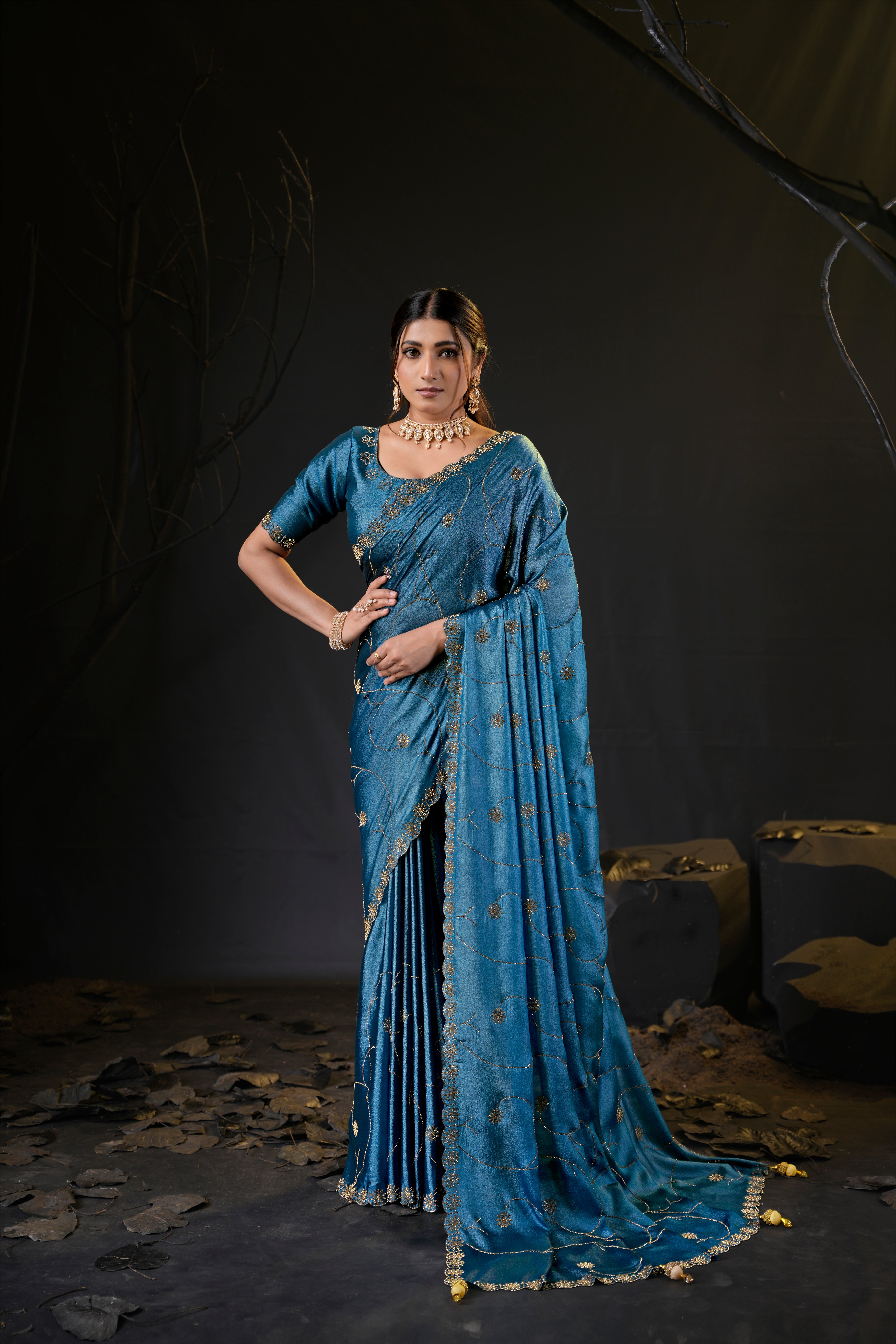Falguni 3 Designer Saree | Shimmer Chiffon with Star Motif Embroidery, Sirosky Work & Pearl Border Drops