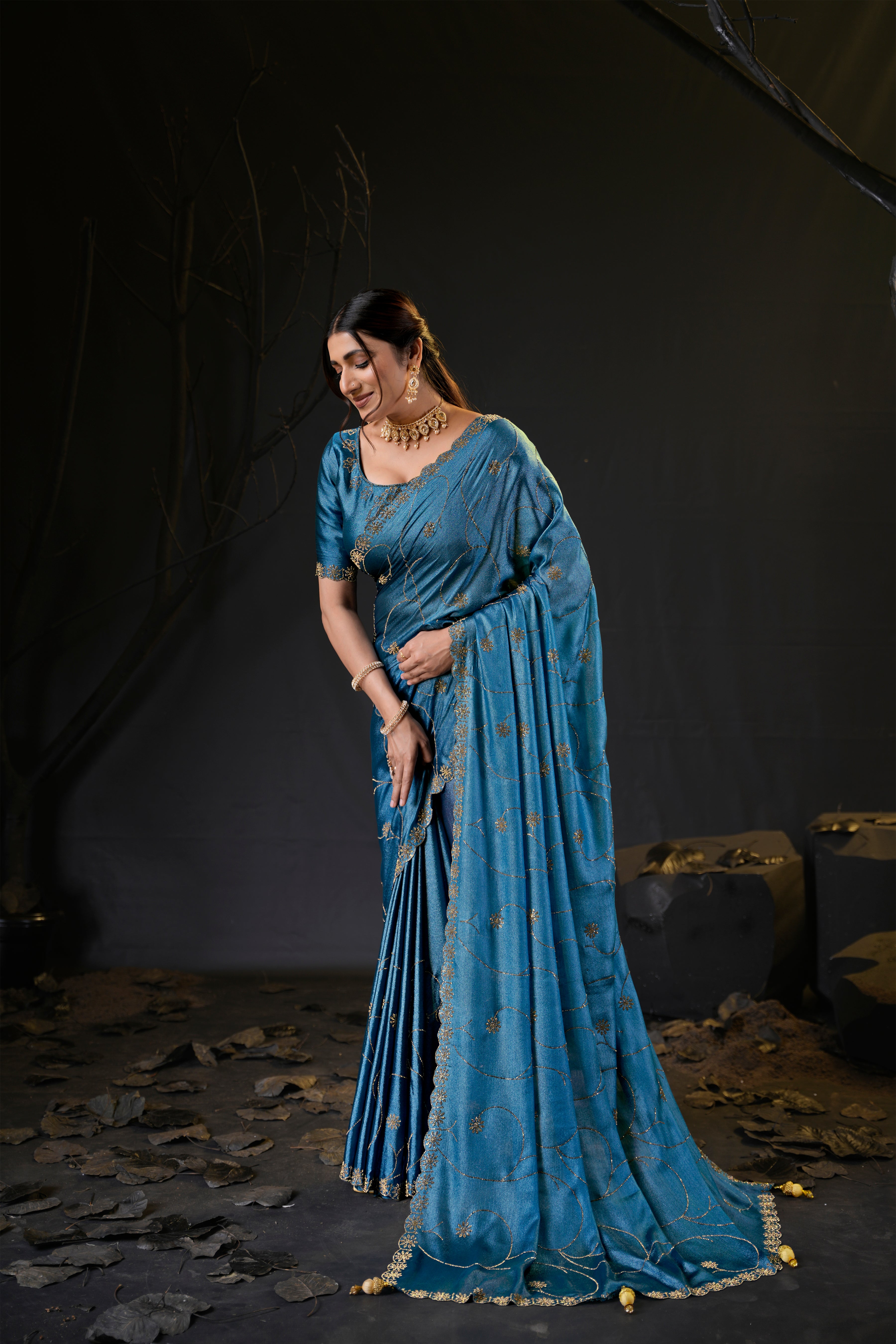 Falguni 3 Designer Saree | Shimmer Chiffon with Star Motif Embroidery, Sirosky Work & Pearl Border Drops