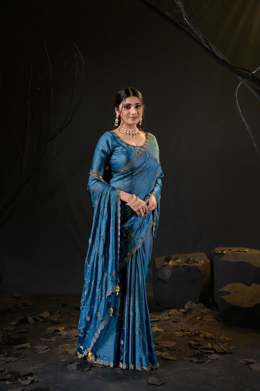 Falguni 3 Designer Saree | Shimmer Chiffon with Star Motif Embroidery, Sirosky Work & Pearl Border Drops