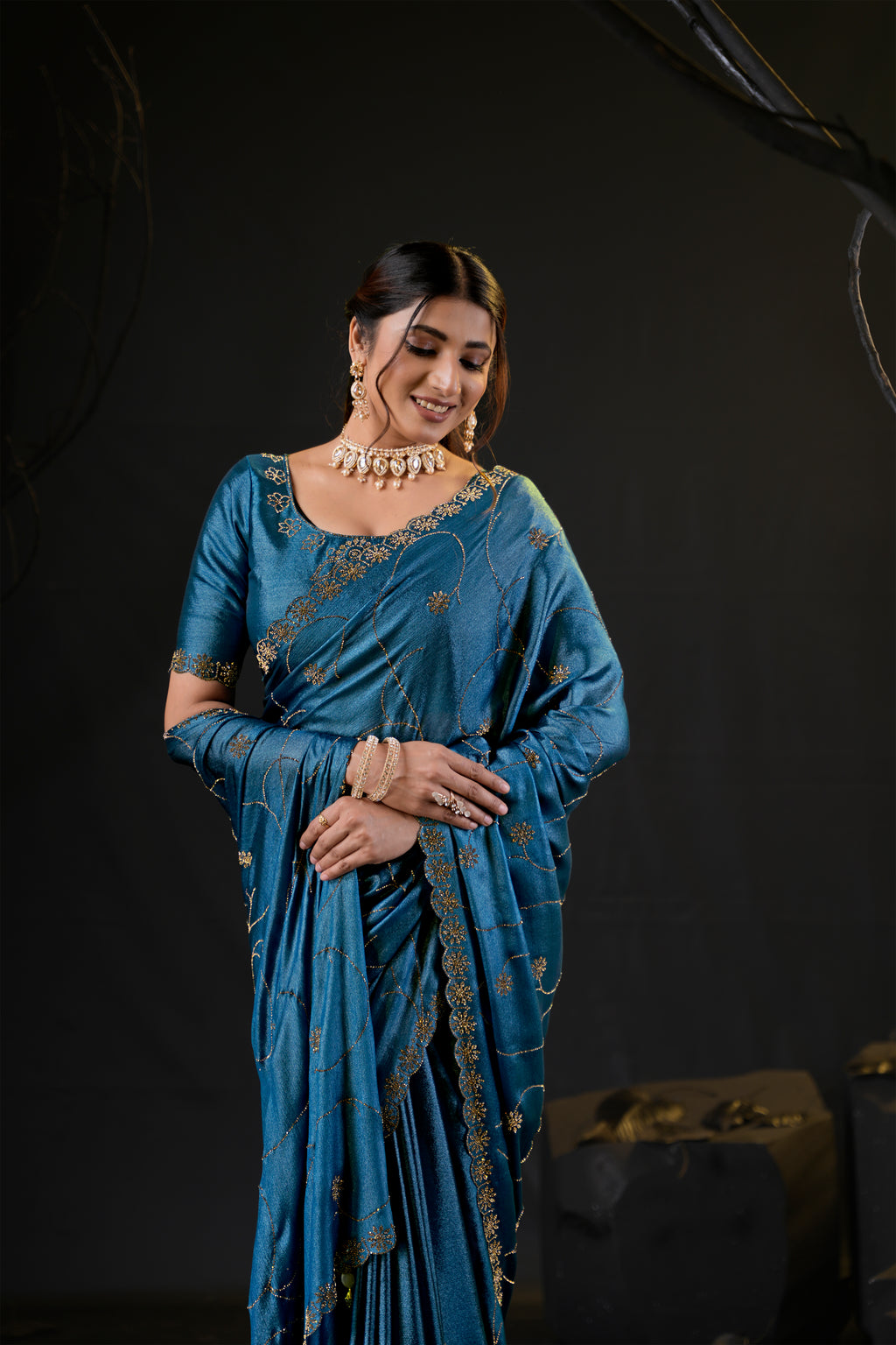 Falguni 3 Designer Saree | Shimmer Chiffon with Star Motif Embroidery, Sirosky Work & Pearl Border Drops