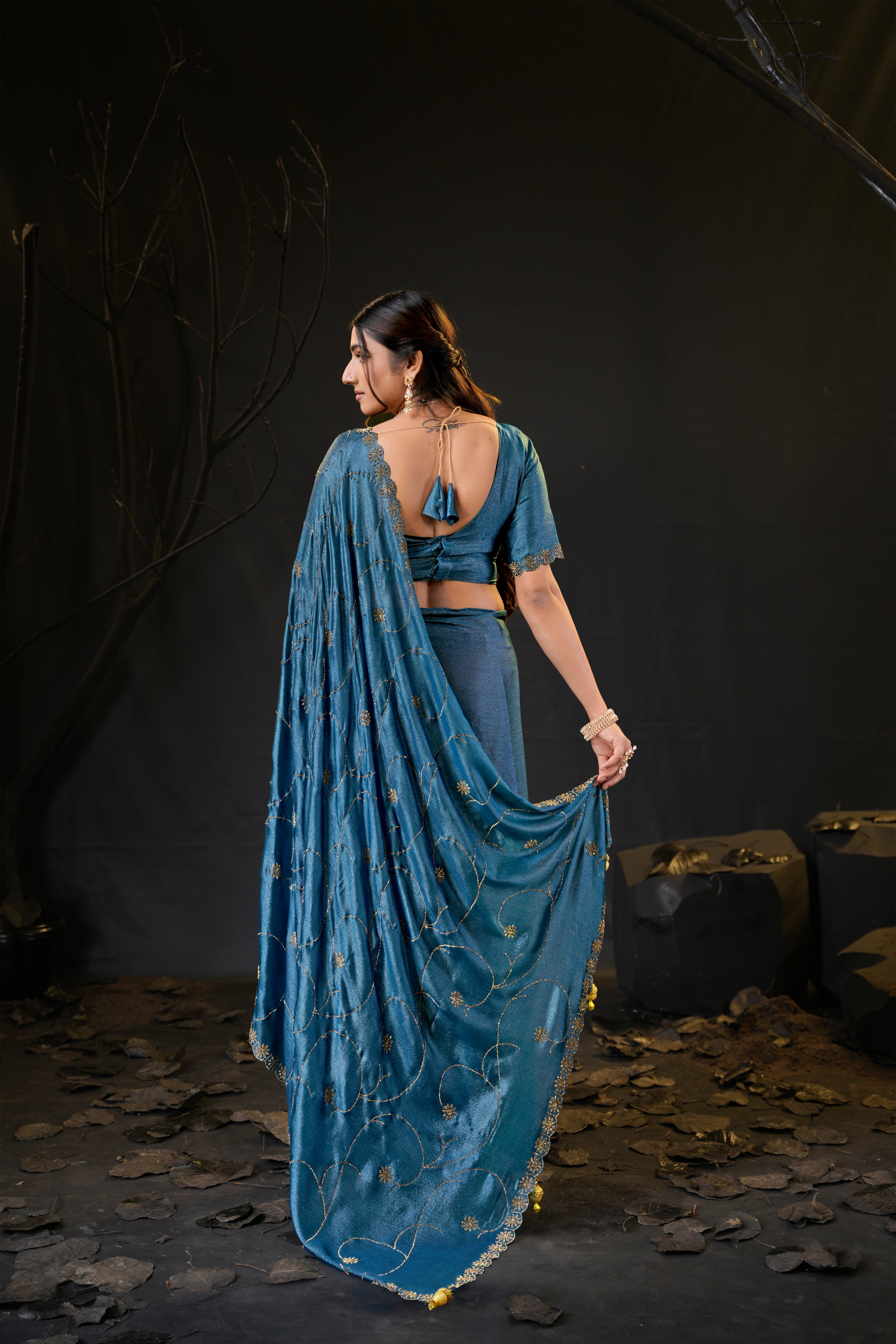 Falguni 3 Designer Saree | Shimmer Chiffon with Star Motif Embroidery, Sirosky Work & Pearl Border Drops