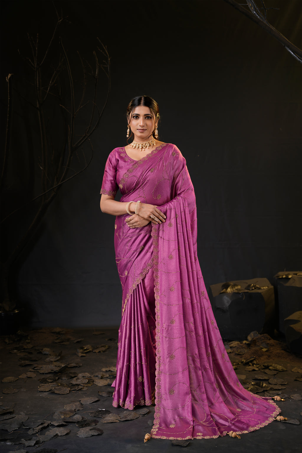 Falguni 3 Designer Saree | Shimmer Chiffon with Star Motif Embroidery, Sirosky Work & Pearl Border Drops
