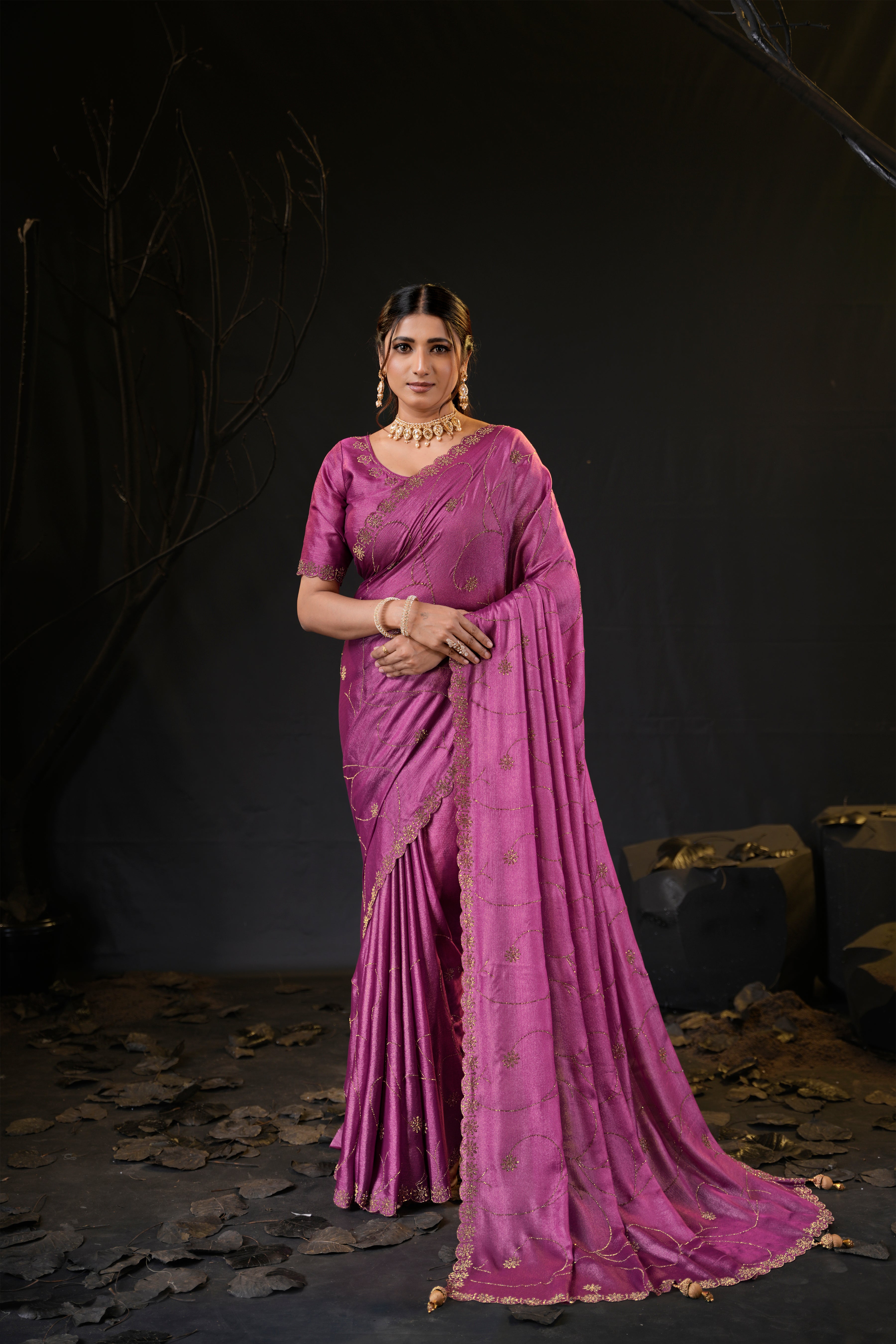 Falguni 3 Designer Saree | Shimmer Chiffon with Star Motif Embroidery, Sirosky Work & Pearl Border Drops