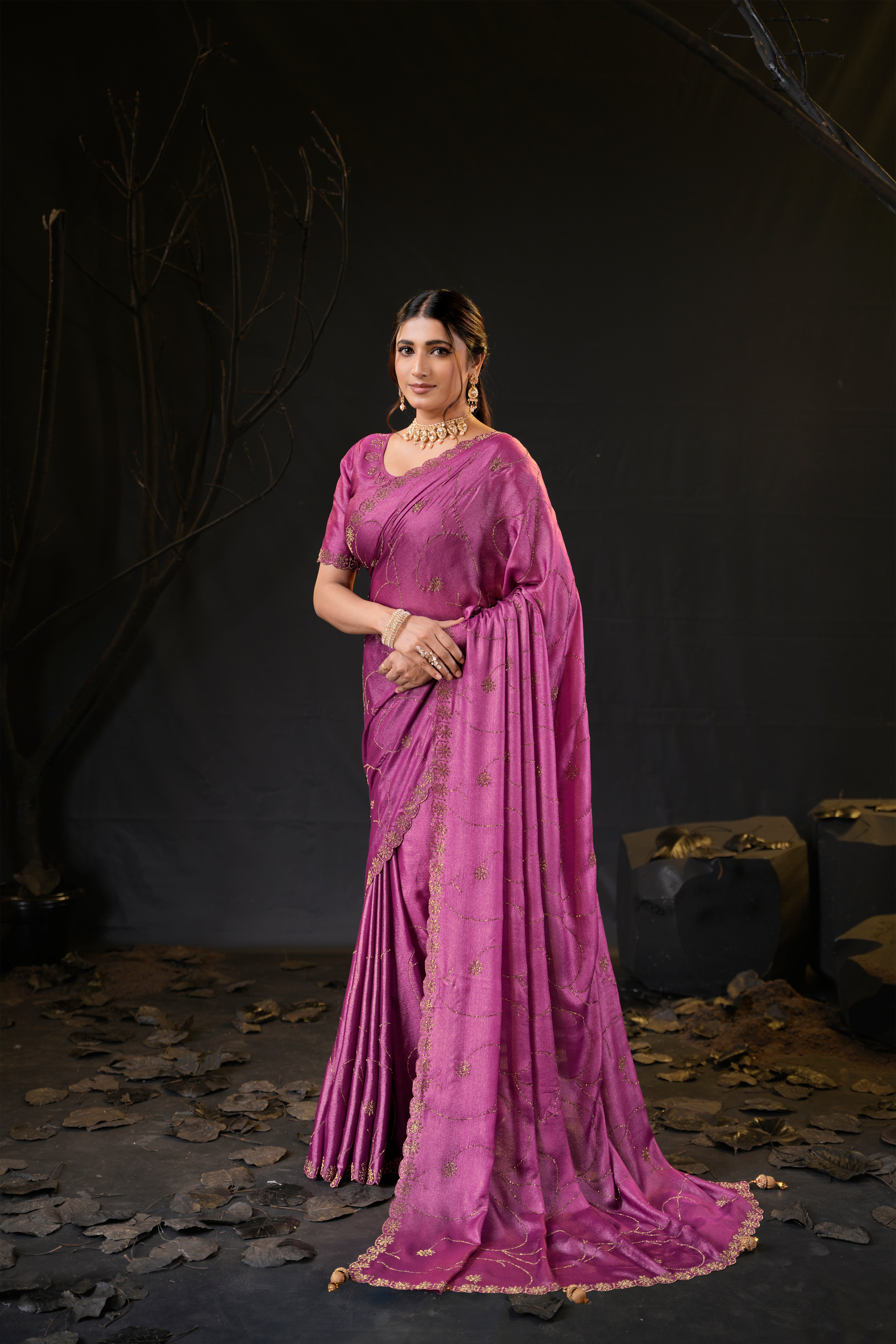 Falguni 3 Designer Saree | Shimmer Chiffon with Star Motif Embroidery, Sirosky Work & Pearl Border Drops