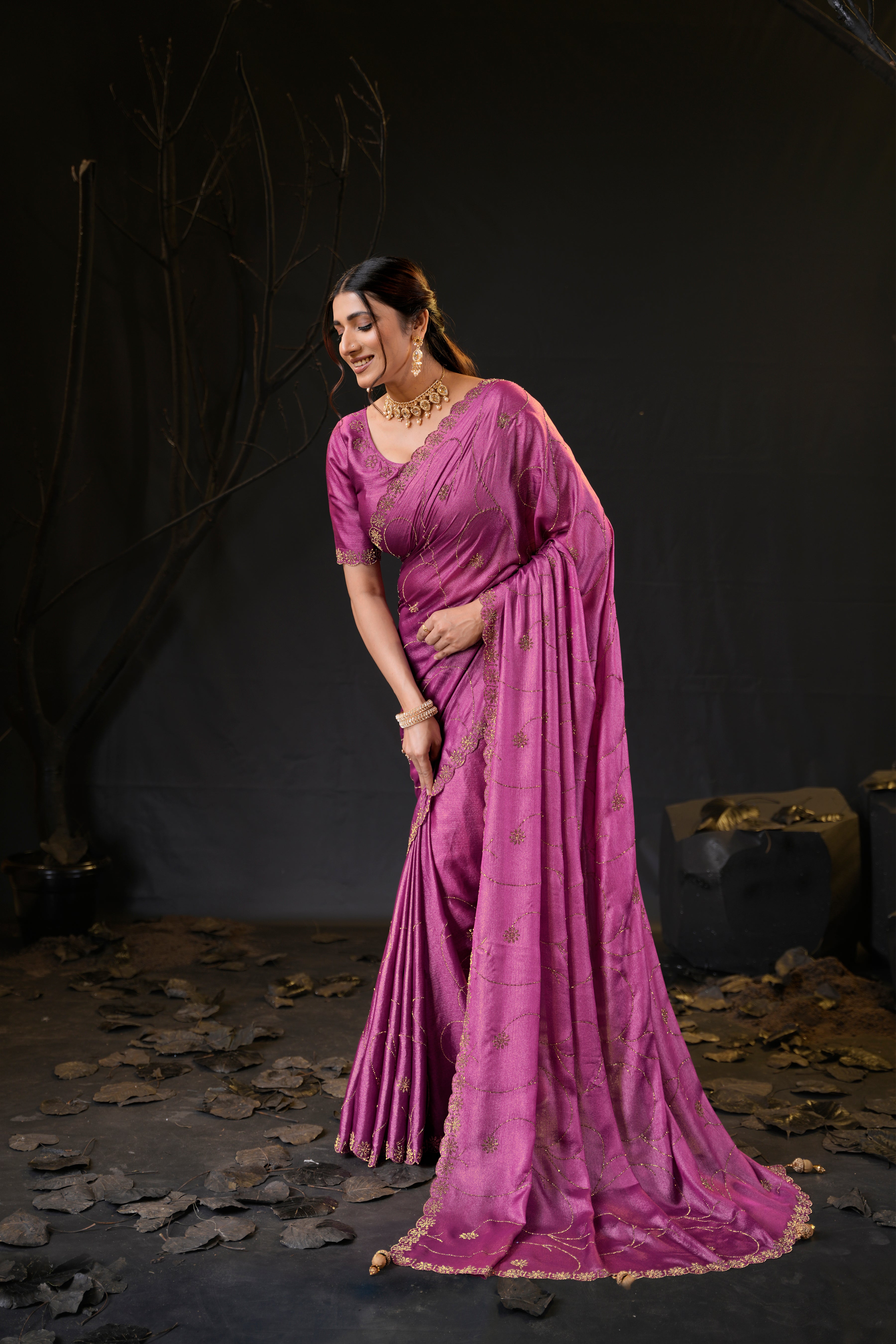 Falguni 3 Designer Saree | Shimmer Chiffon with Star Motif Embroidery, Sirosky Work & Pearl Border Drops