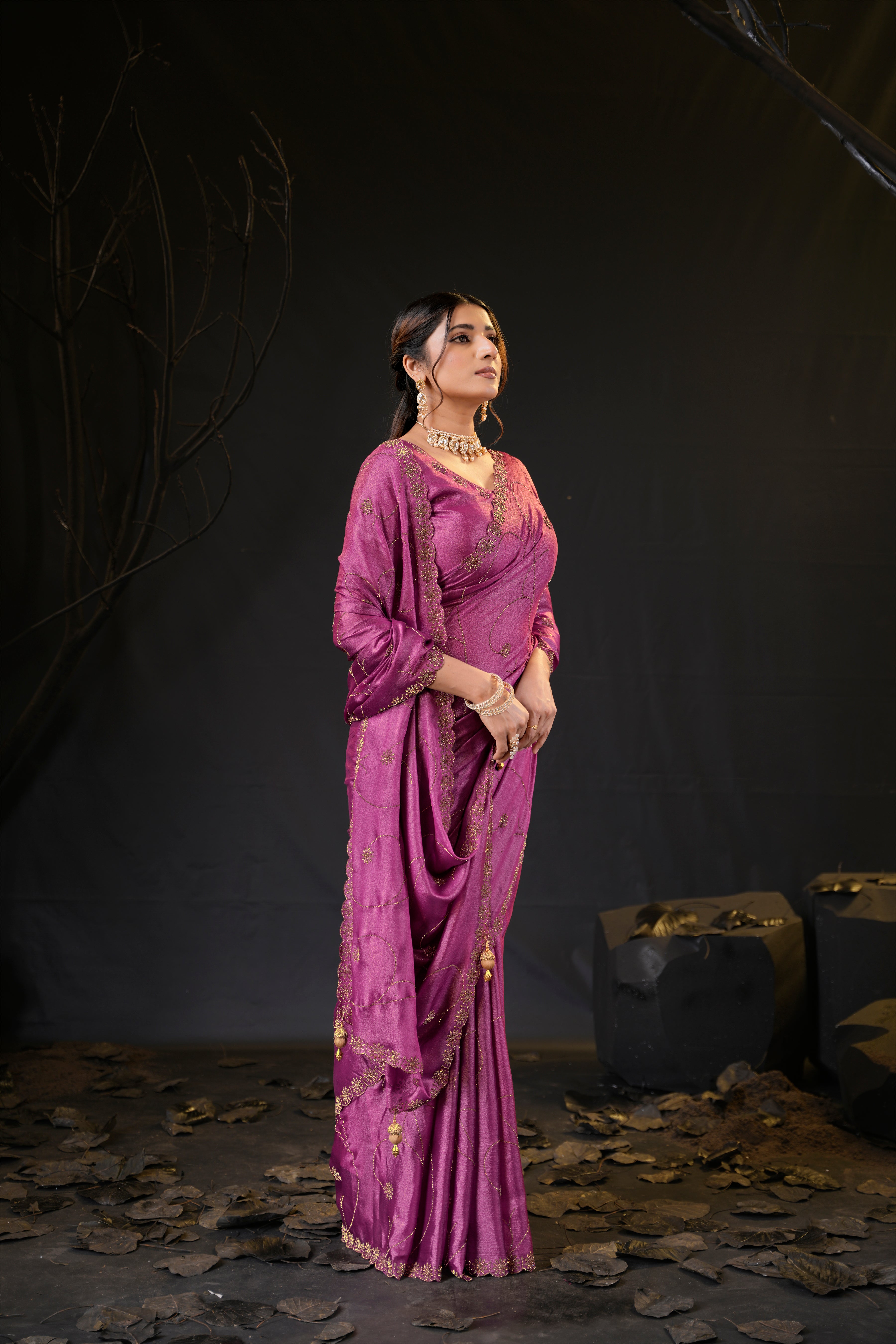 Falguni 3 Designer Saree | Shimmer Chiffon with Star Motif Embroidery, Sirosky Work & Pearl Border Drops