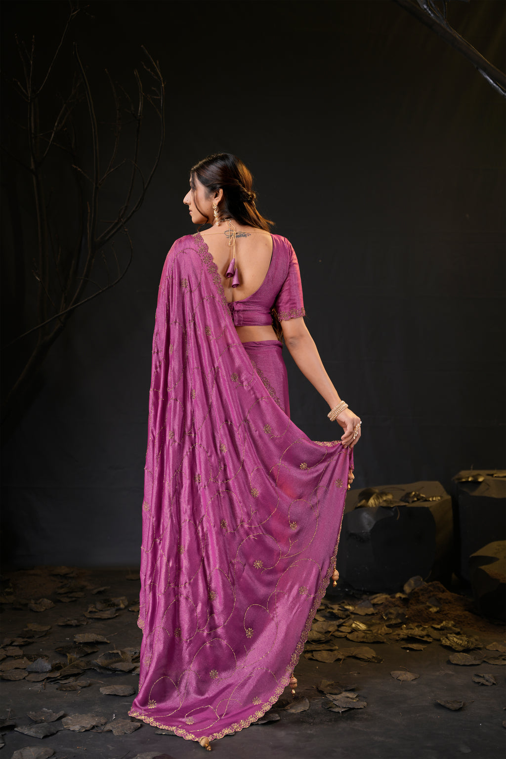 Falguni 3 Designer Saree | Shimmer Chiffon with Star Motif Embroidery, Sirosky Work & Pearl Border Drops