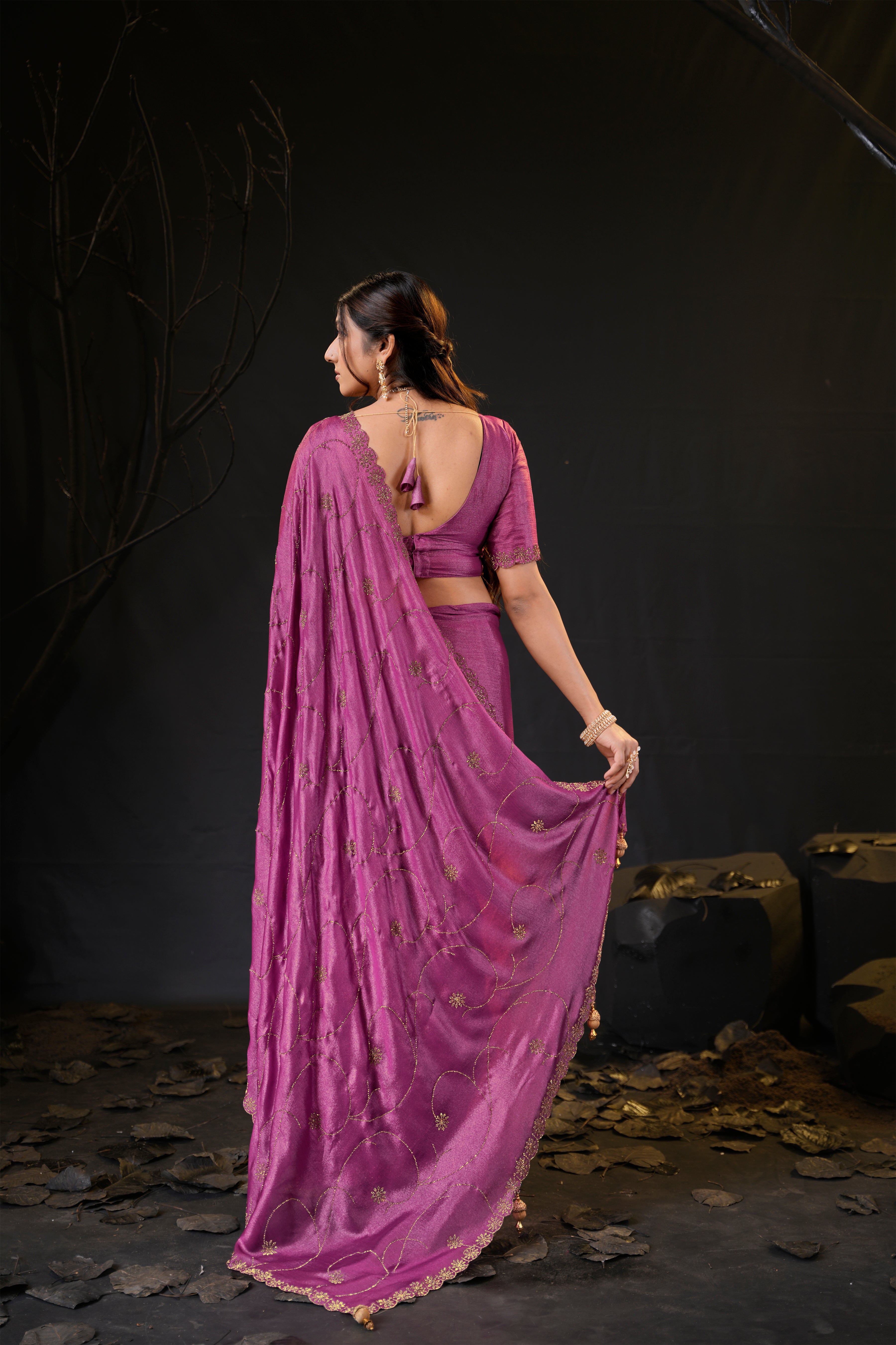 Falguni 3 Designer Saree | Shimmer Chiffon with Star Motif Embroidery, Sirosky Work & Pearl Border Drops