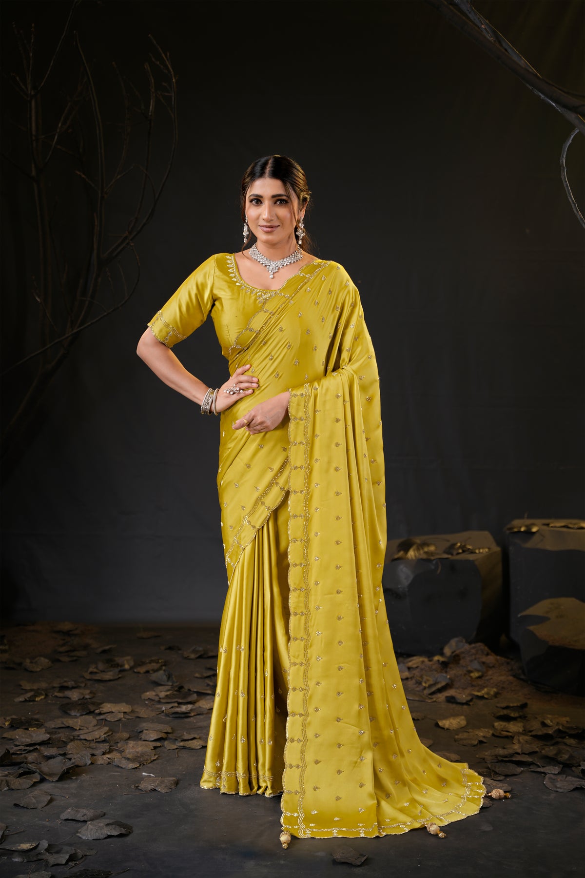Sunehari Satin Saree with Embroidered Booti & Scalloped Border | 4 Colours